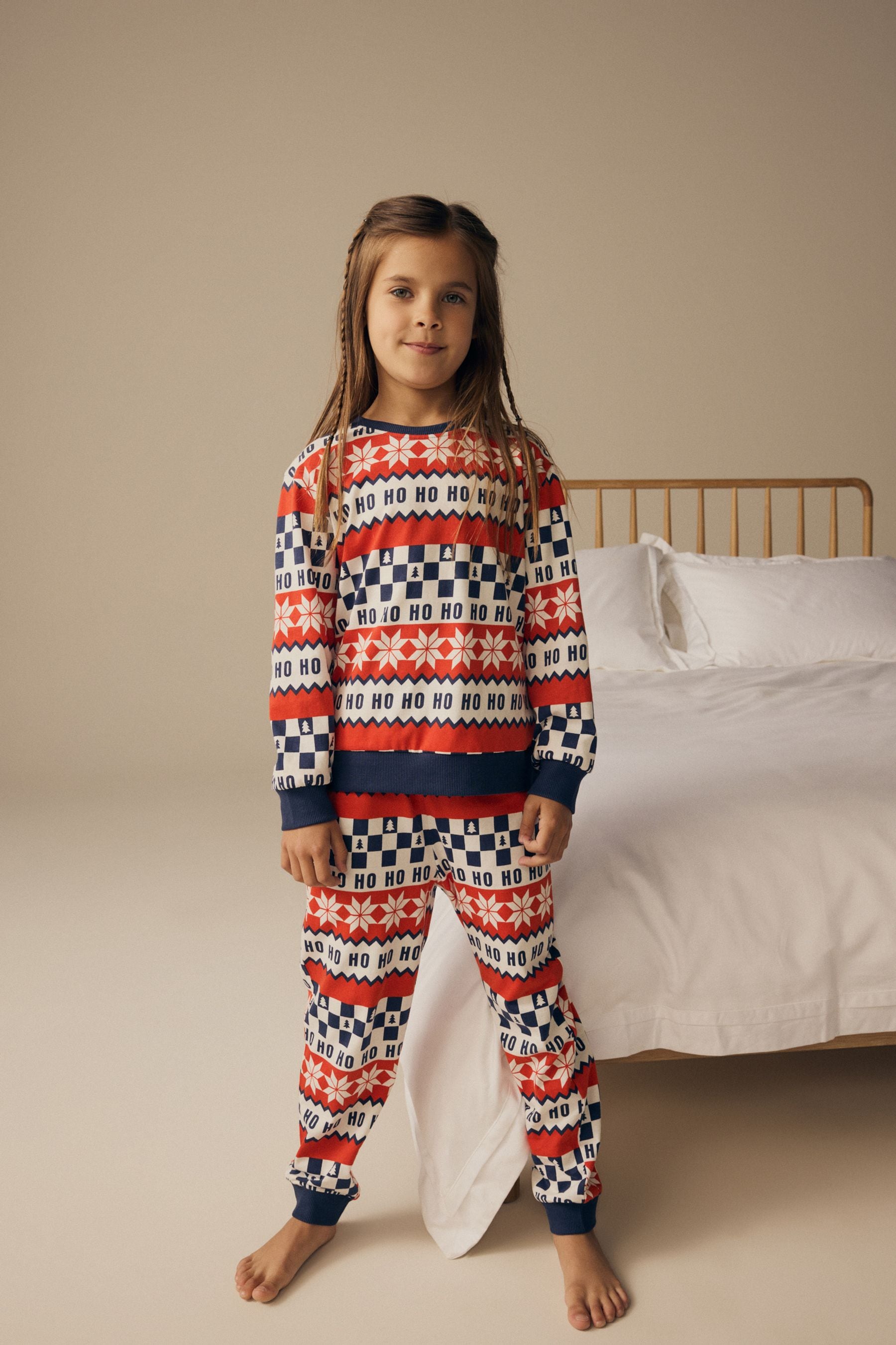 Red/Navy Blue Matching Family Kids Christmas Ho Ho Ho Fairisle Pattern 100% Cotton Pyjamas (9mths-16yrs)