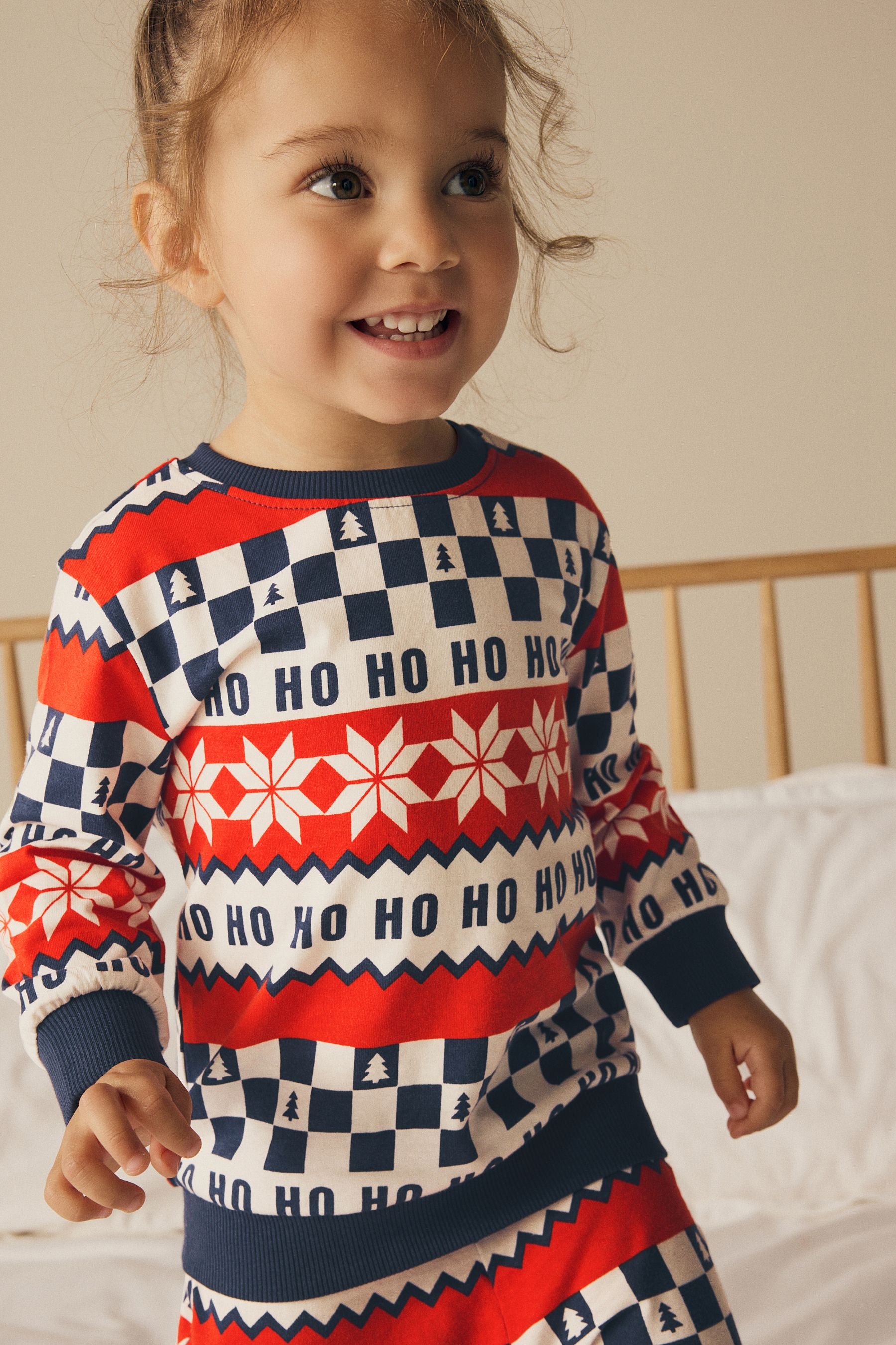 Red/Navy Blue Matching Family Kids Christmas Ho Ho Ho Fairisle Pattern 100% Cotton Pyjamas (9mths-16yrs)