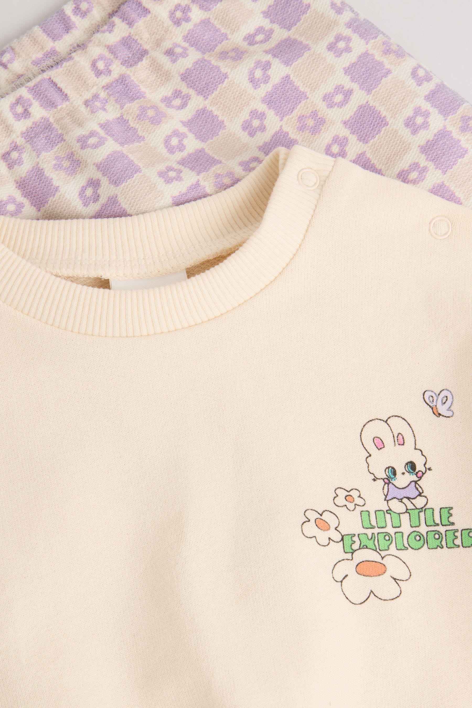 Cream/Lilac Purple Character Graphic Baby Long Sleeve Top & Joggers Set