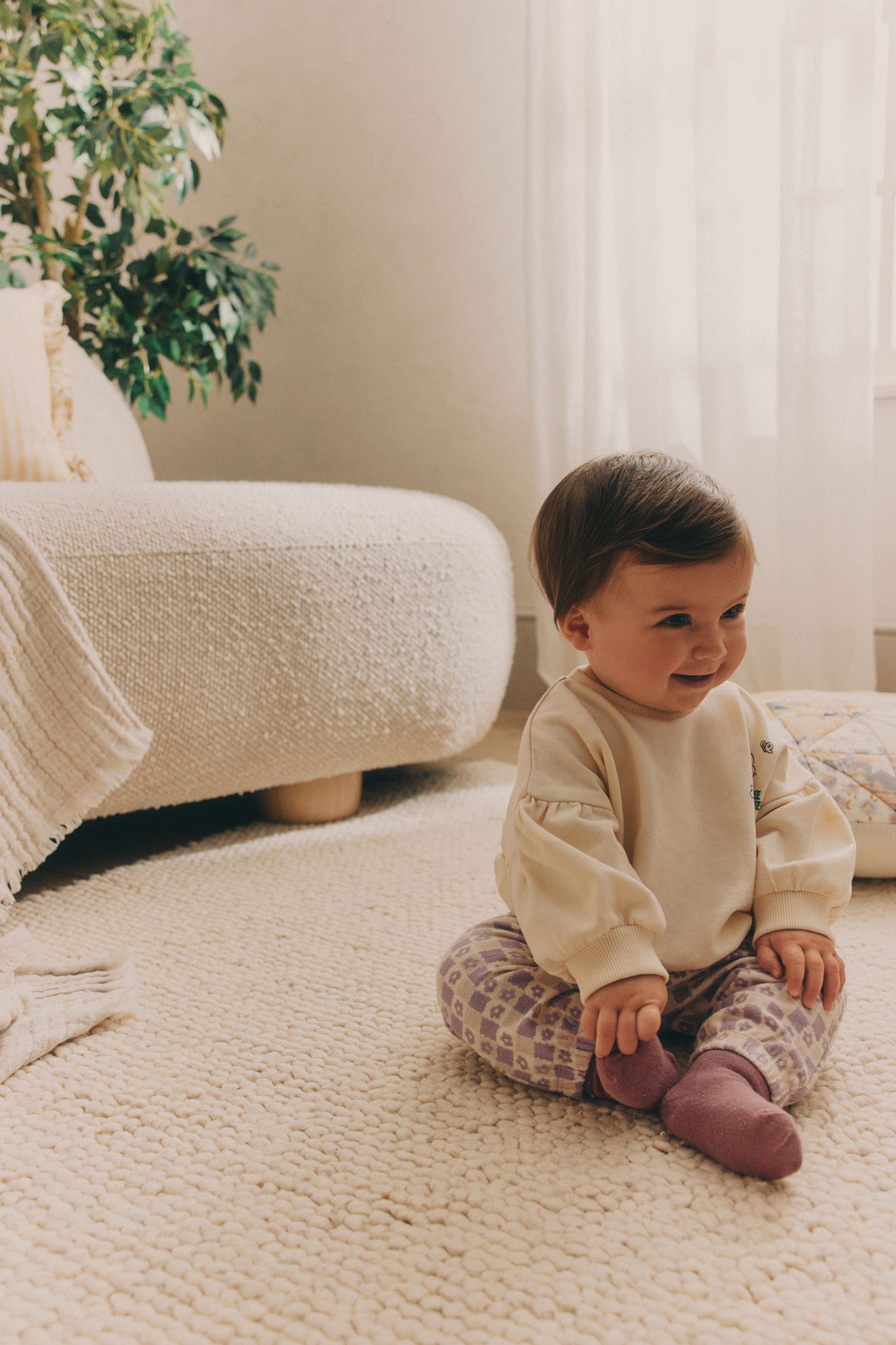 Cream/Lilac Purple Character Graphic Baby Long Sleeve Top & Joggers Set