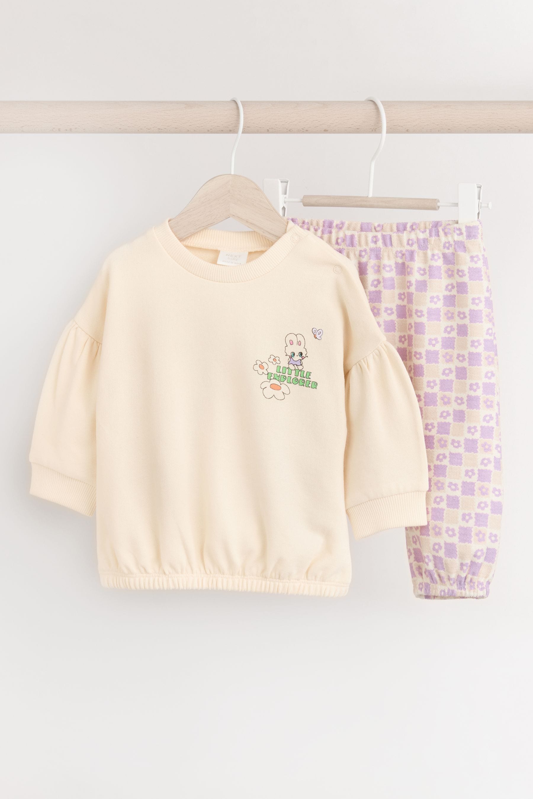 Cream/Lilac Purple Character Graphic Baby Long Sleeve Top & Joggers Set