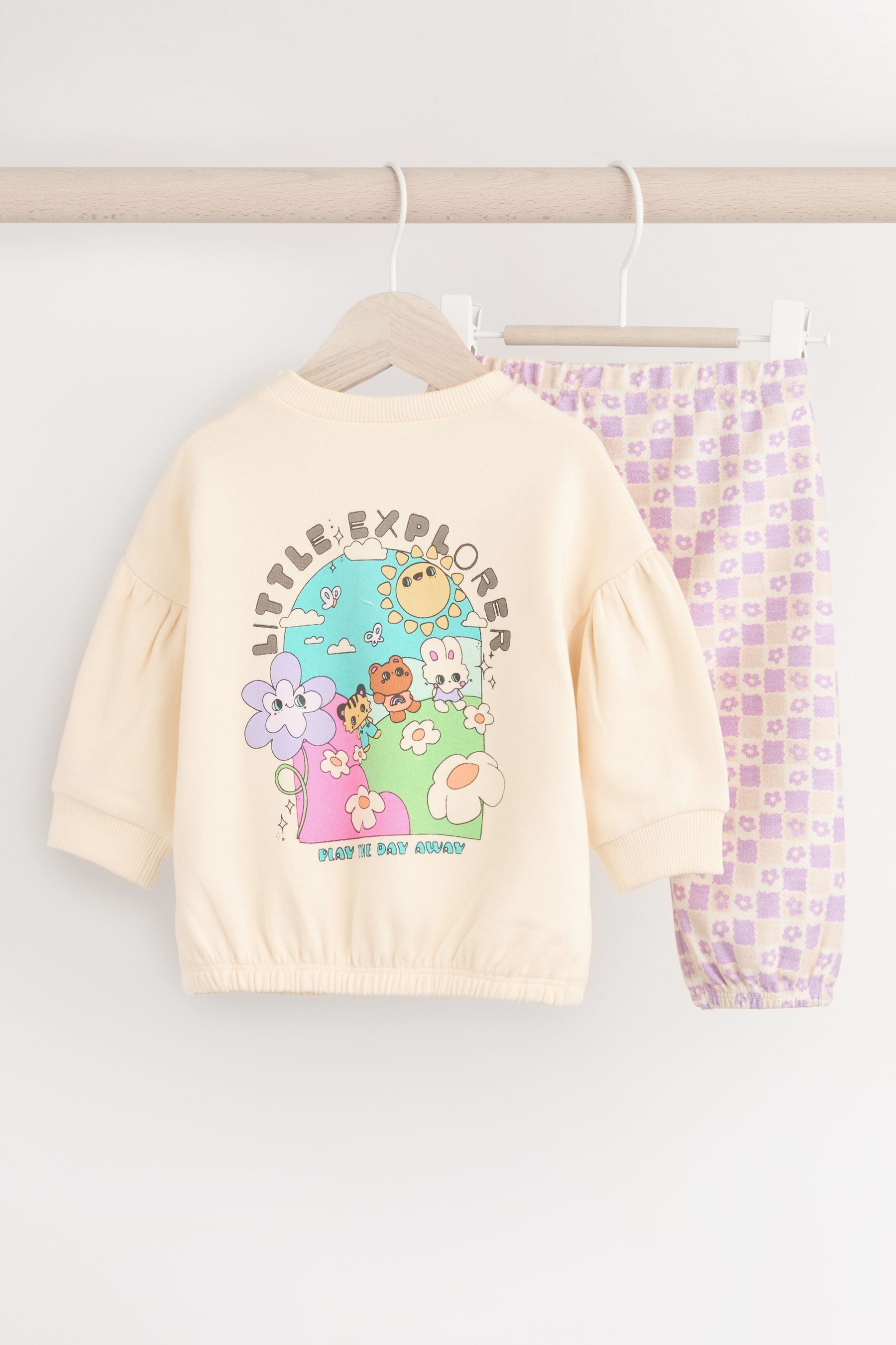 Cream/Lilac Purple Character Graphic Baby Long Sleeve Top & Joggers Set