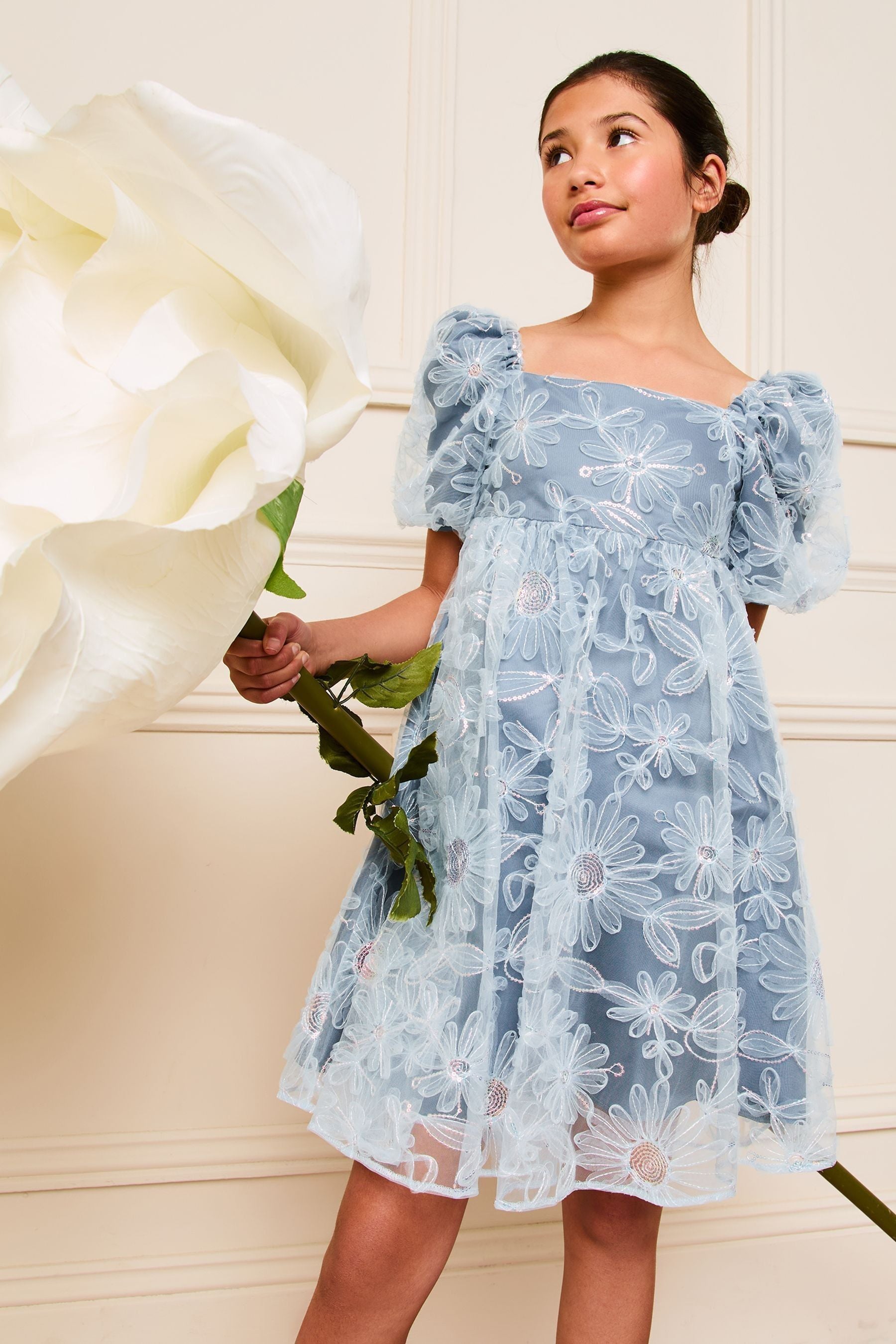 Lipsy Blue Sequin Floral Puff Sleeve Occasion Dress (5-16yrs)