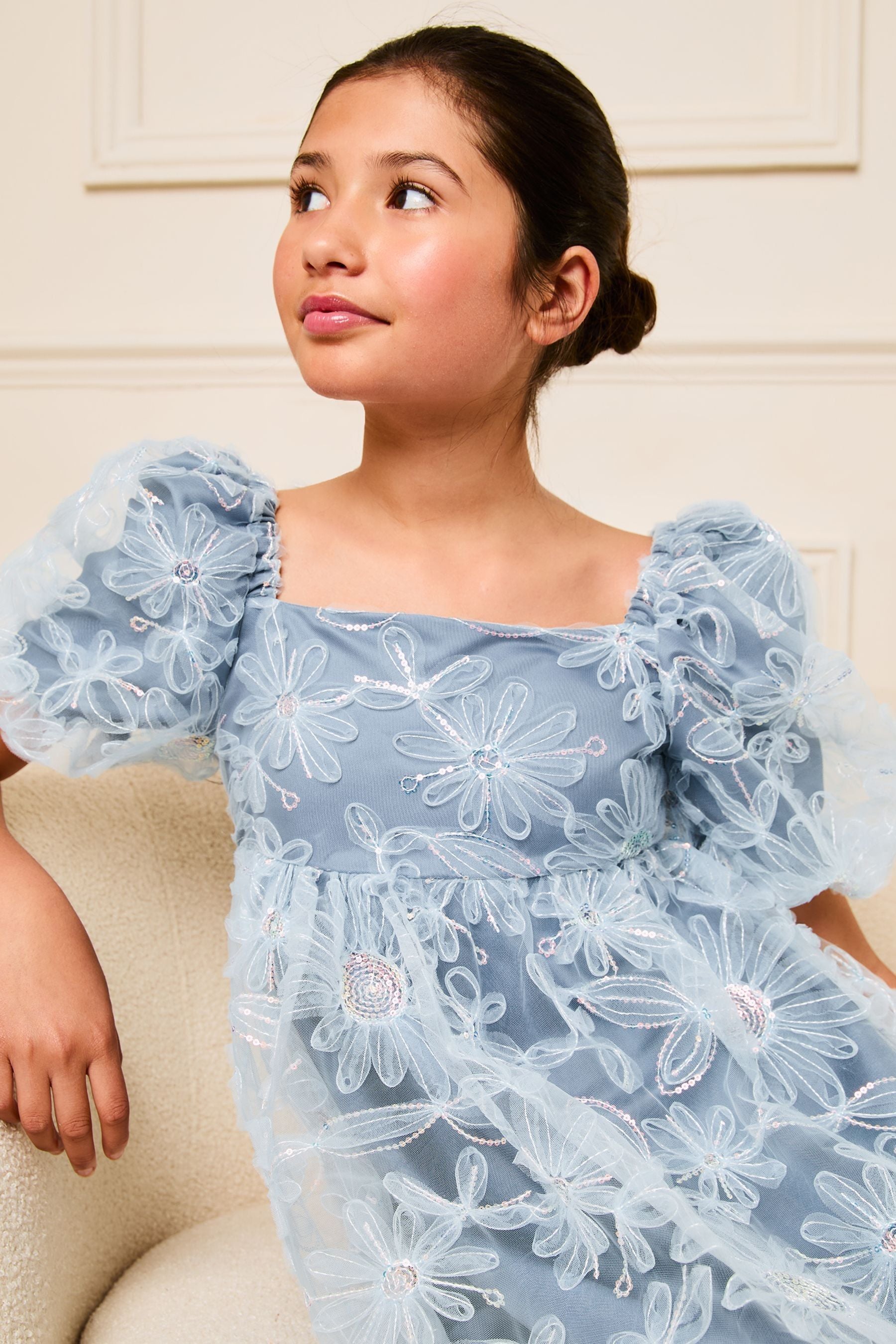 Lipsy Blue Sequin Floral Puff Sleeve Occasion Dress (5-16yrs)