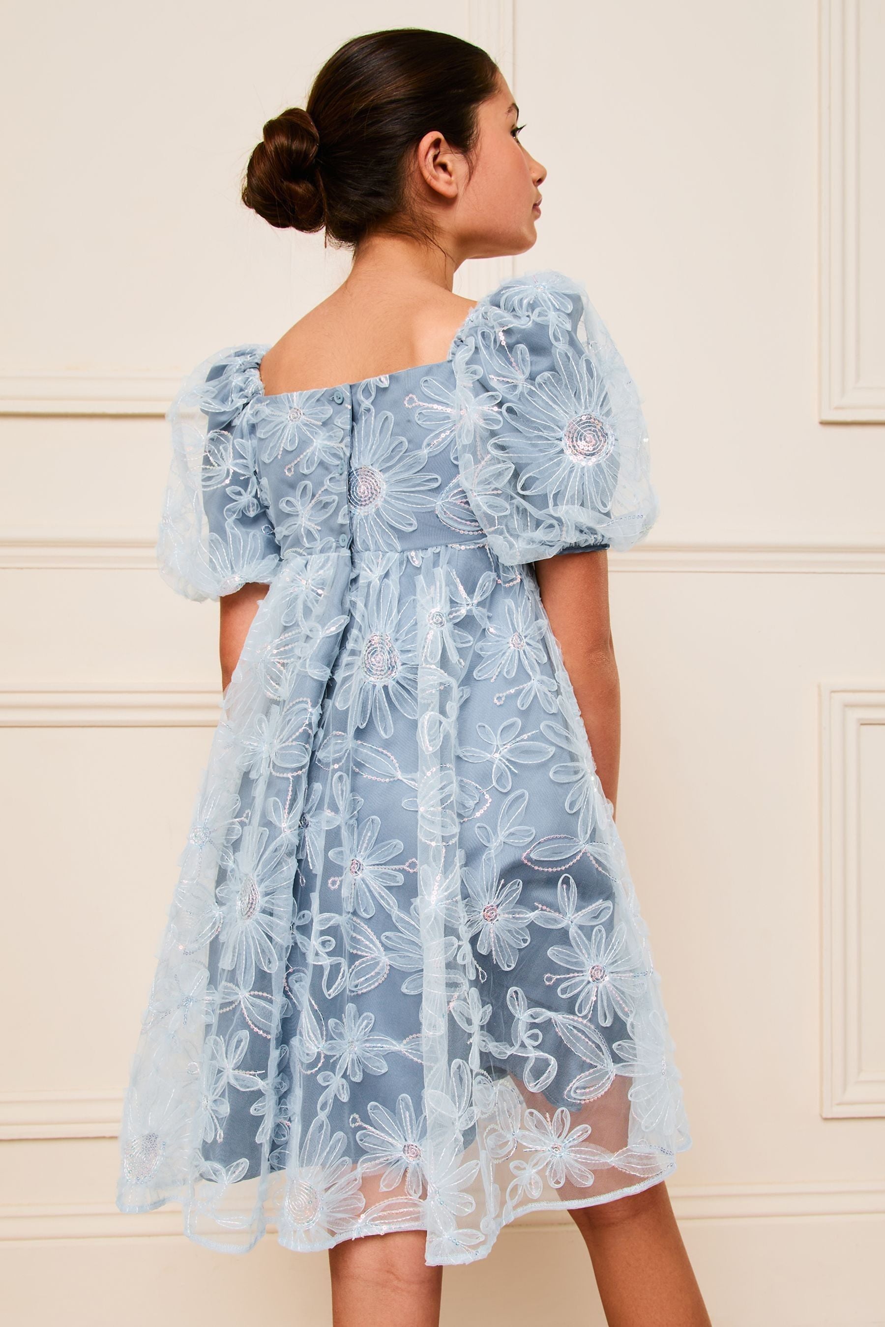 Lipsy Blue Sequin Floral Puff Sleeve Occasion Dress (5-16yrs)