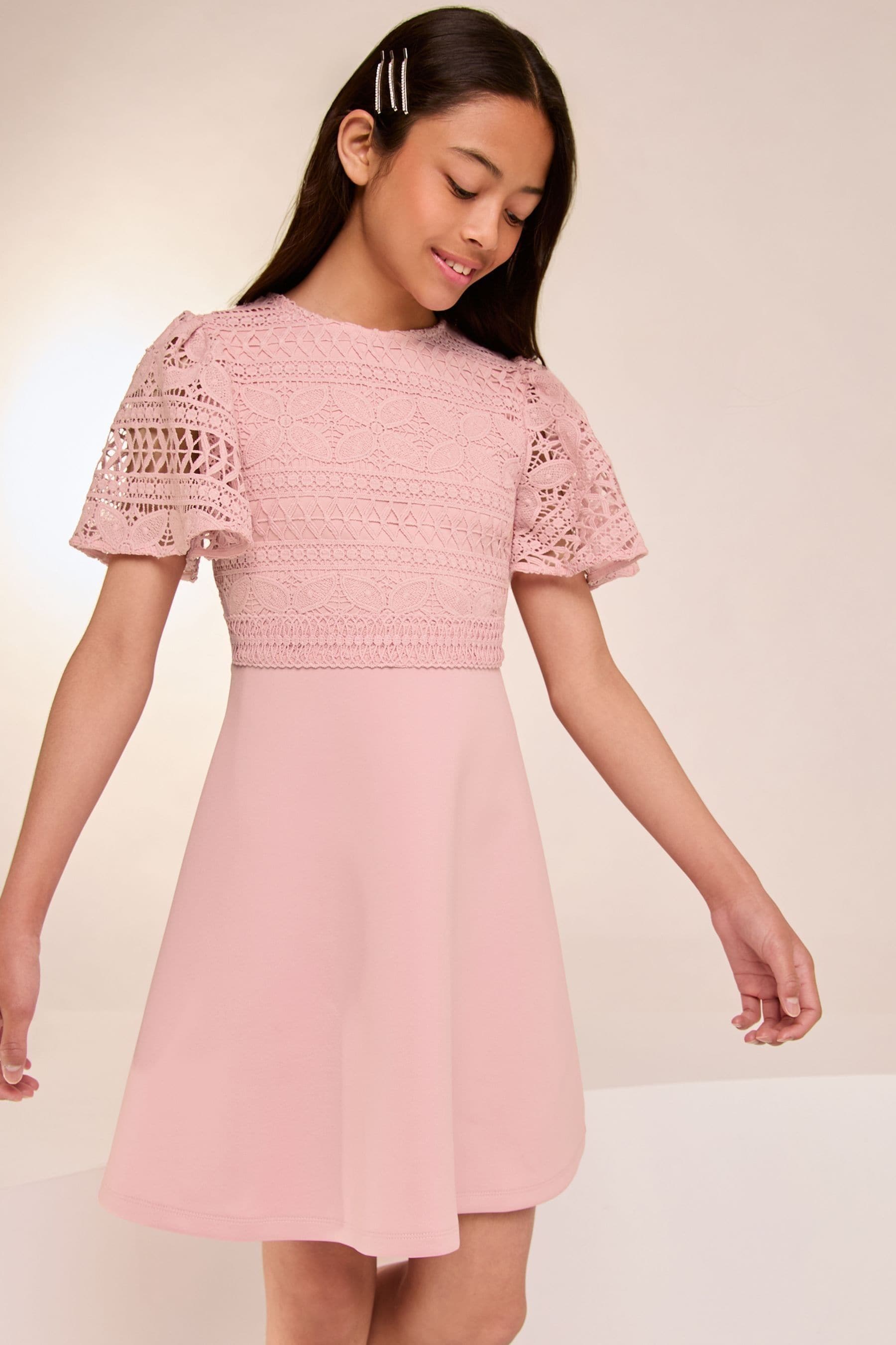 Lipsy Pink 2in1 Flutter Sleeve Lace Occasion Dress