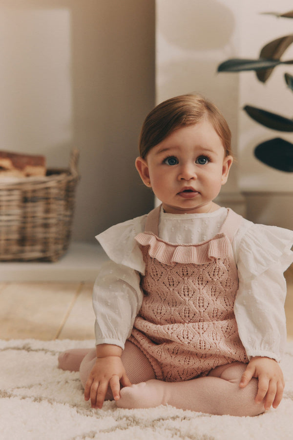 Pink Baby Knitted Romper 100% Cotton Dungarees With Blouse And Tights (0mths-2yrs)