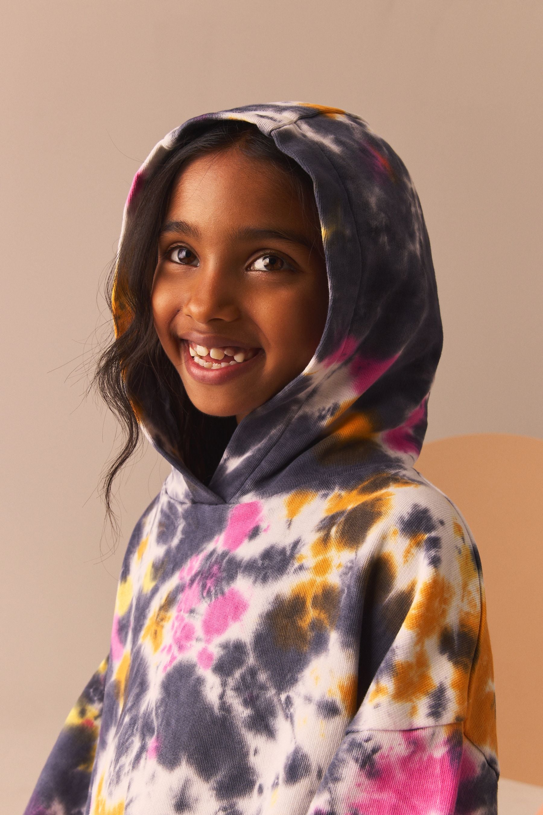 Black Pink Tie Dye 100% Cotton Printed Longline Hoodie (3-16yrs)