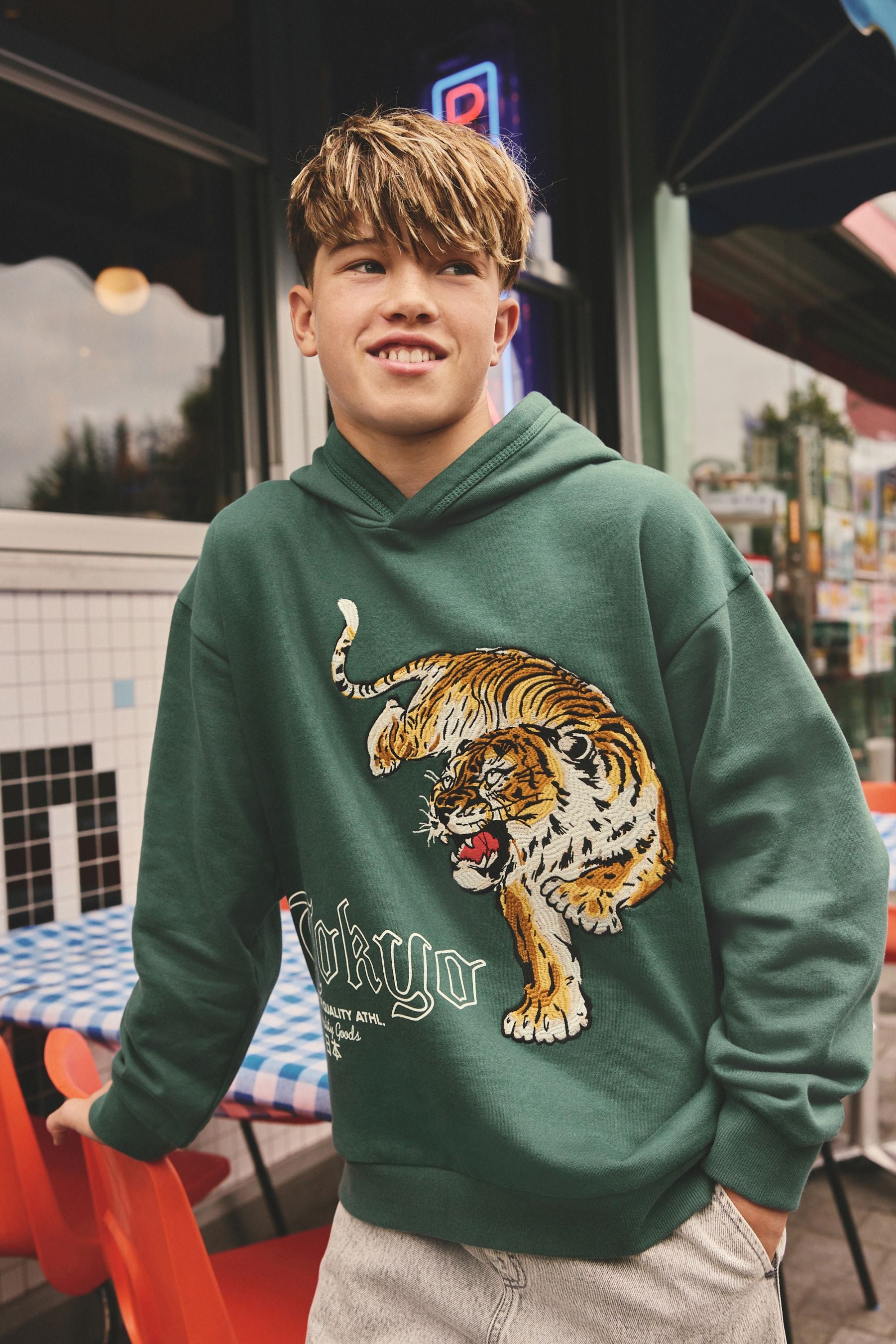 Green Tokyo Embroidered Tiger Hoodie (3-16yrs)