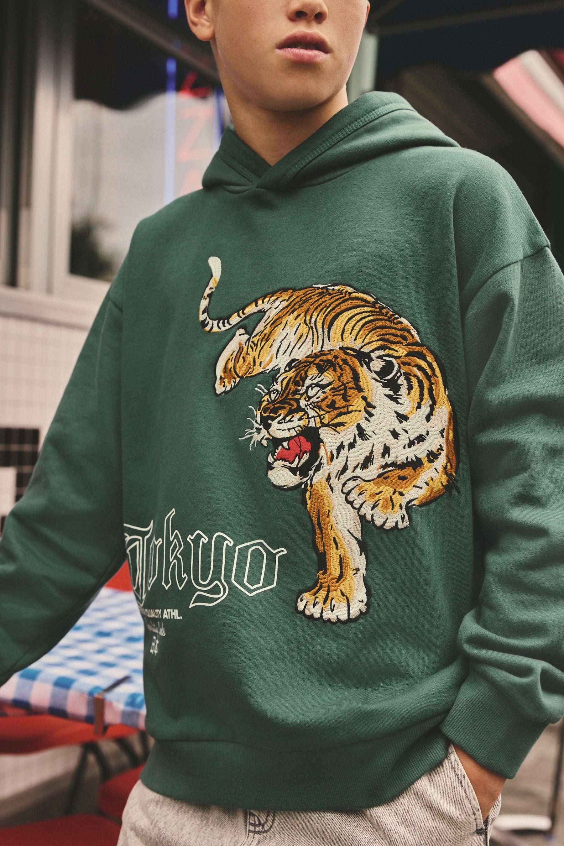 Green Tokyo Embroidered Tiger Hoodie (3-16yrs)