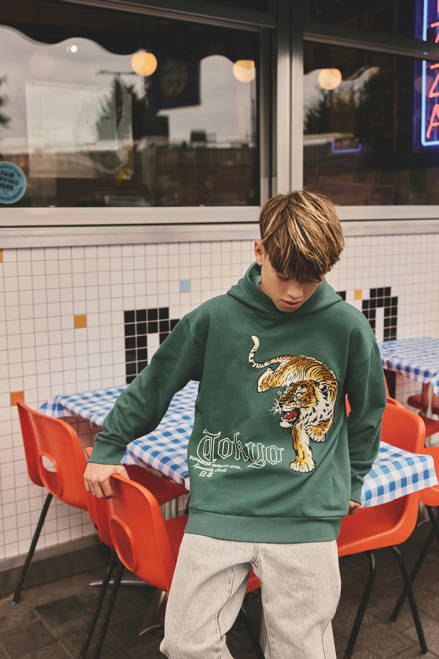 Green Tokyo Embroidered Tiger Hoodie (3-16yrs)