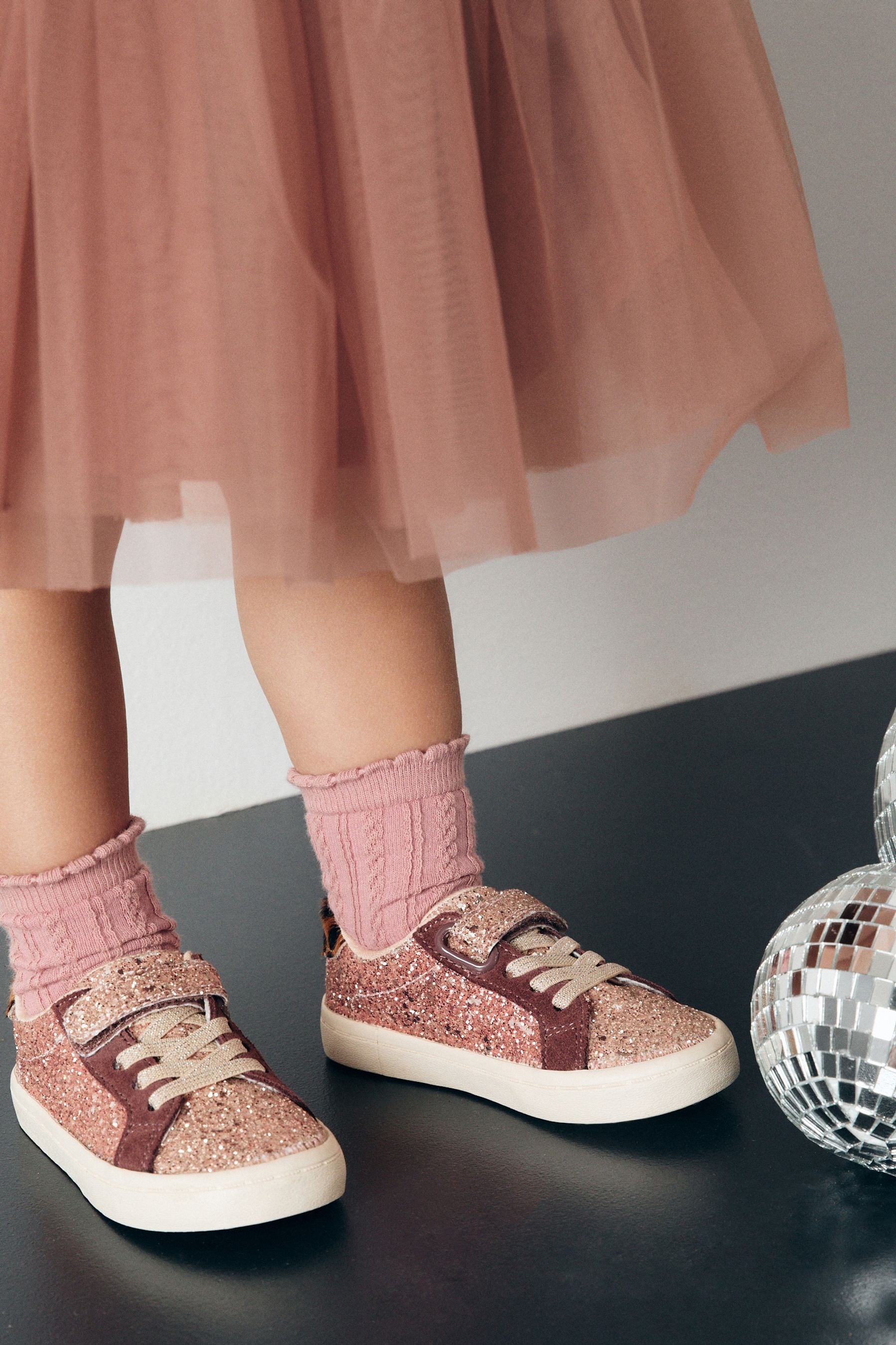 Rose Gold Glitter Standard Fit (F) Elastic Lace Trainers