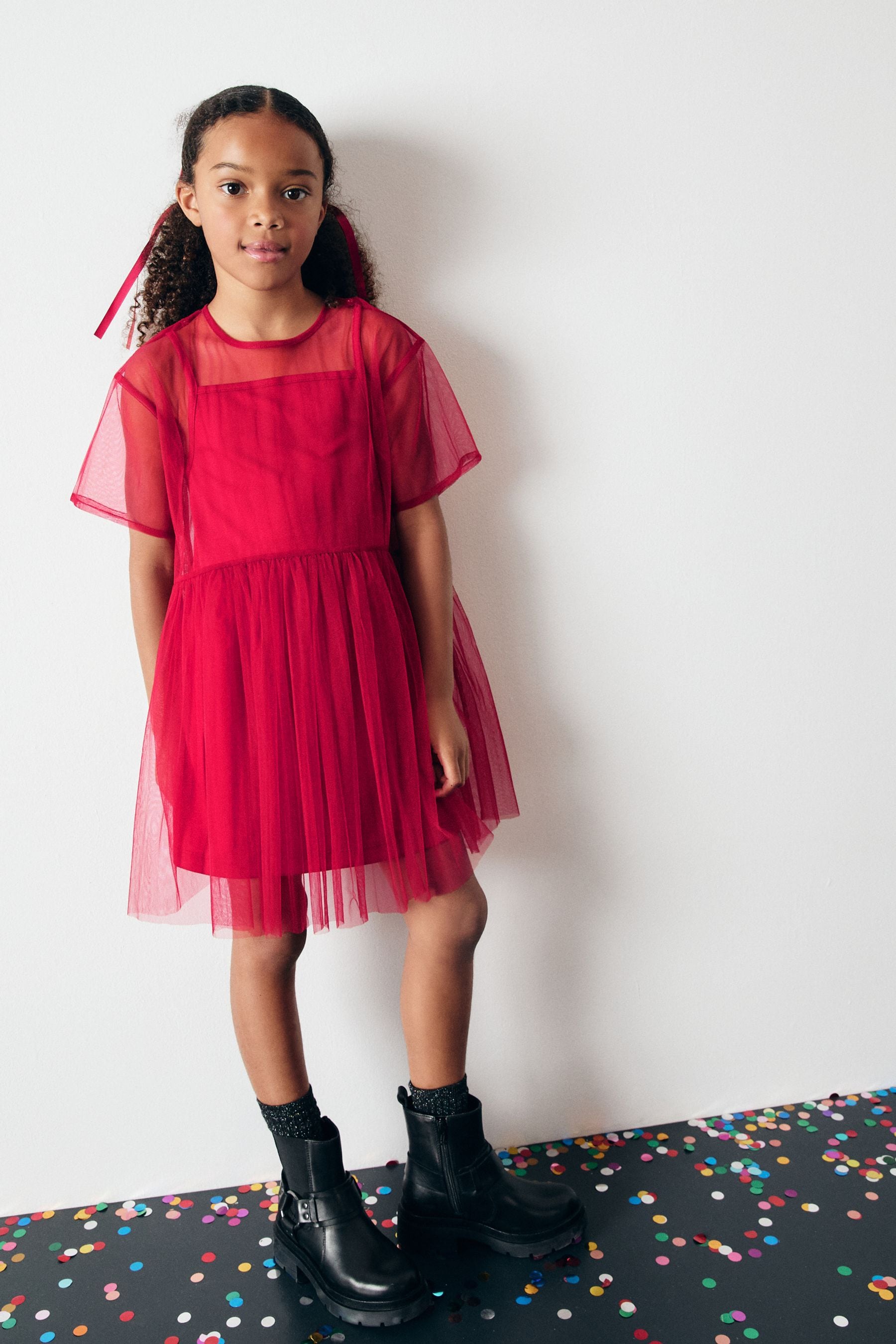 Red Mesh Dress (3-16yrs)