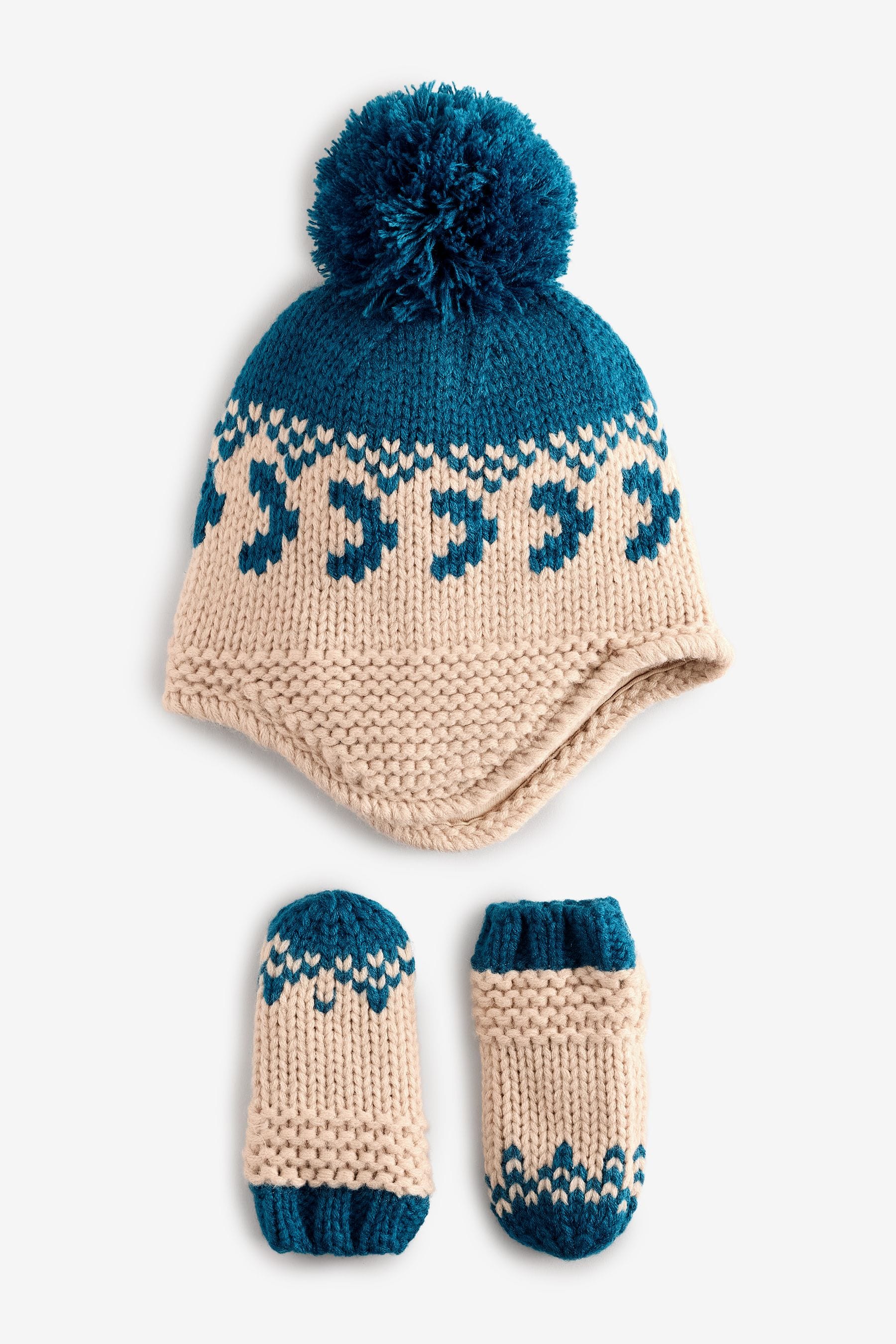 Blue Fairisle Pattern Hat And Mittens Set (3mths-10yrs)