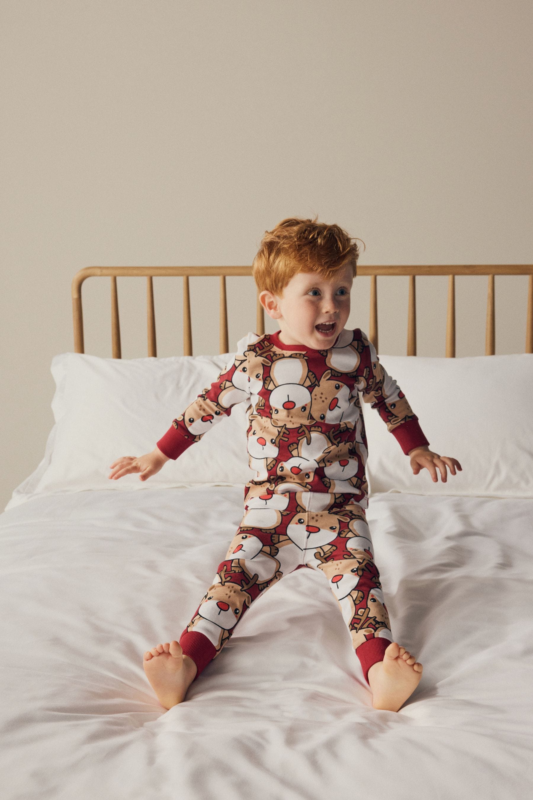 Red Reindeer 100% Cotton Single Christmas Pyjamas (9mths-10yrs)