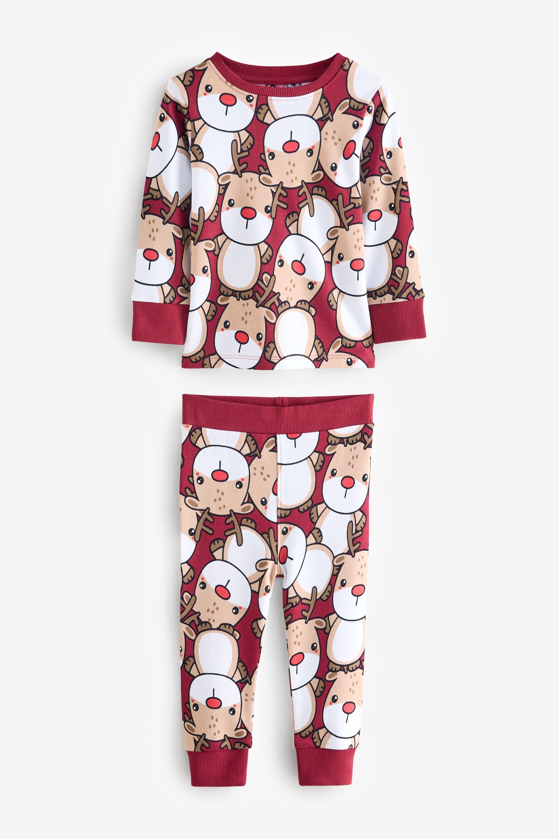 Red Reindeer 100% Cotton Single Christmas Pyjamas (9mths-12yrs)