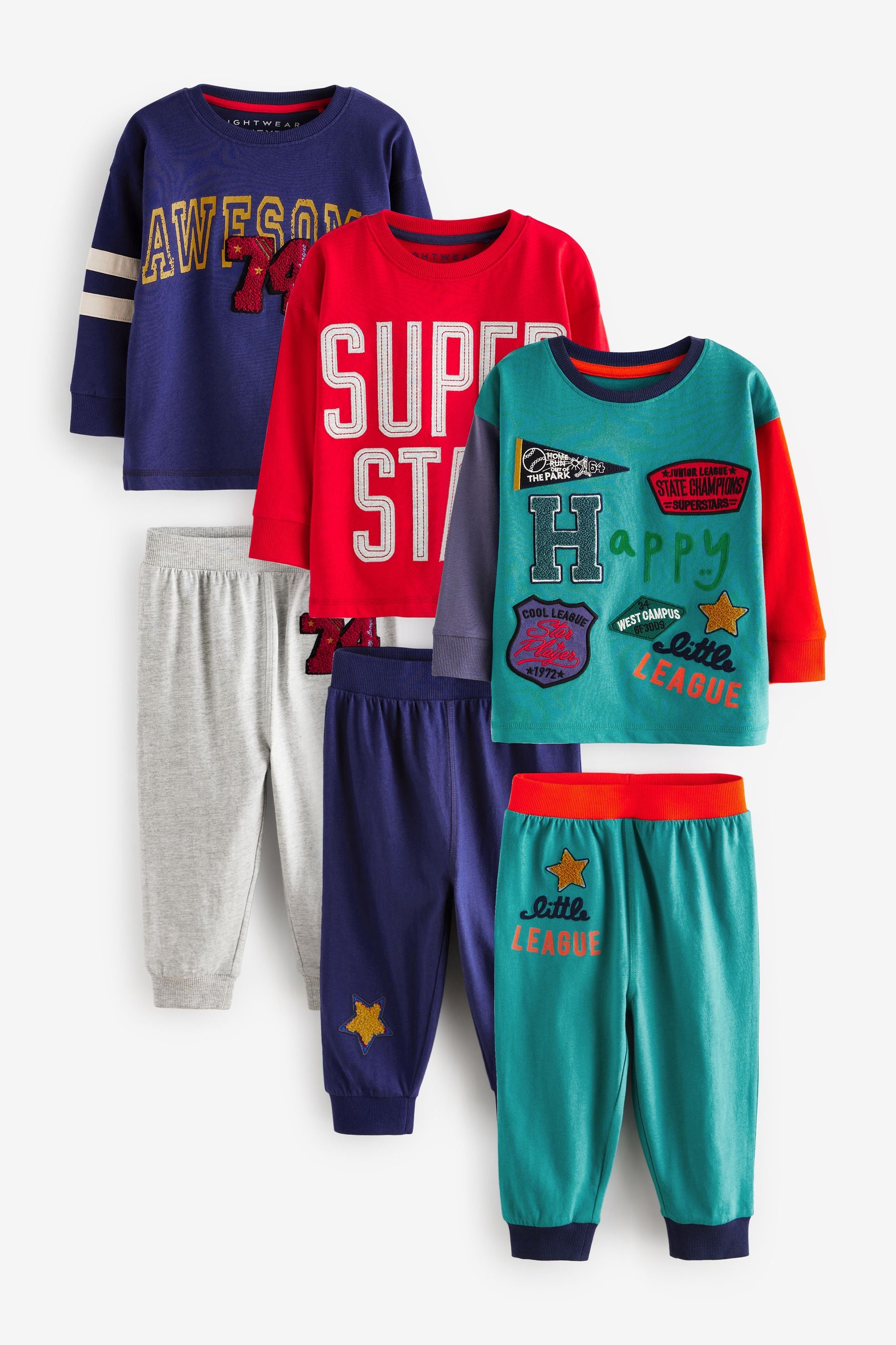 Multi Bright Varsity Oversized 100% Cotton Pyjamas 3 Pack (9mths-10yrs)