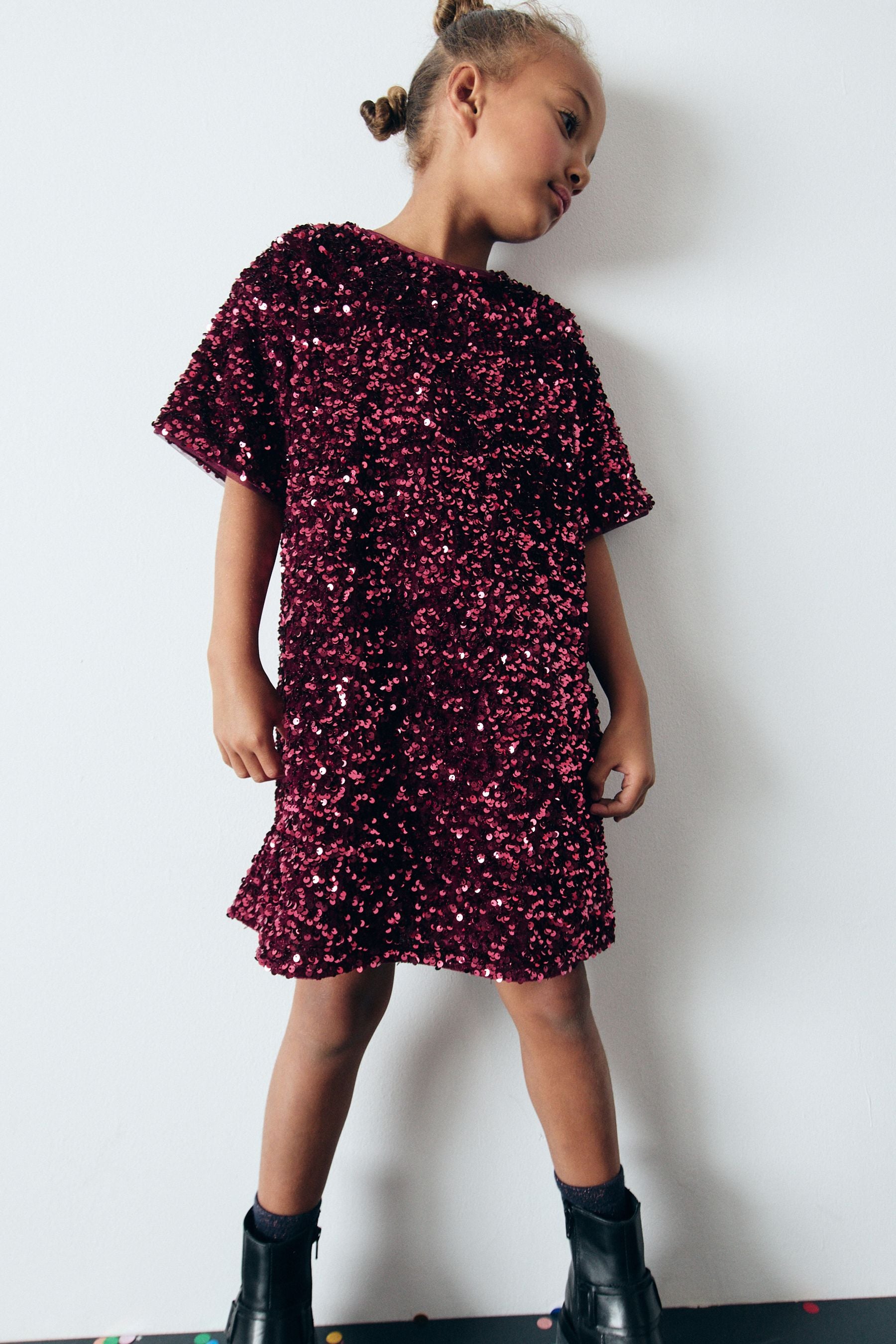 Berry Red Velour Sequin Party Dress (3-16yrs)