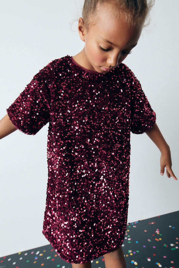 Berry Red Velour Sequin Party Dress (3-16yrs)