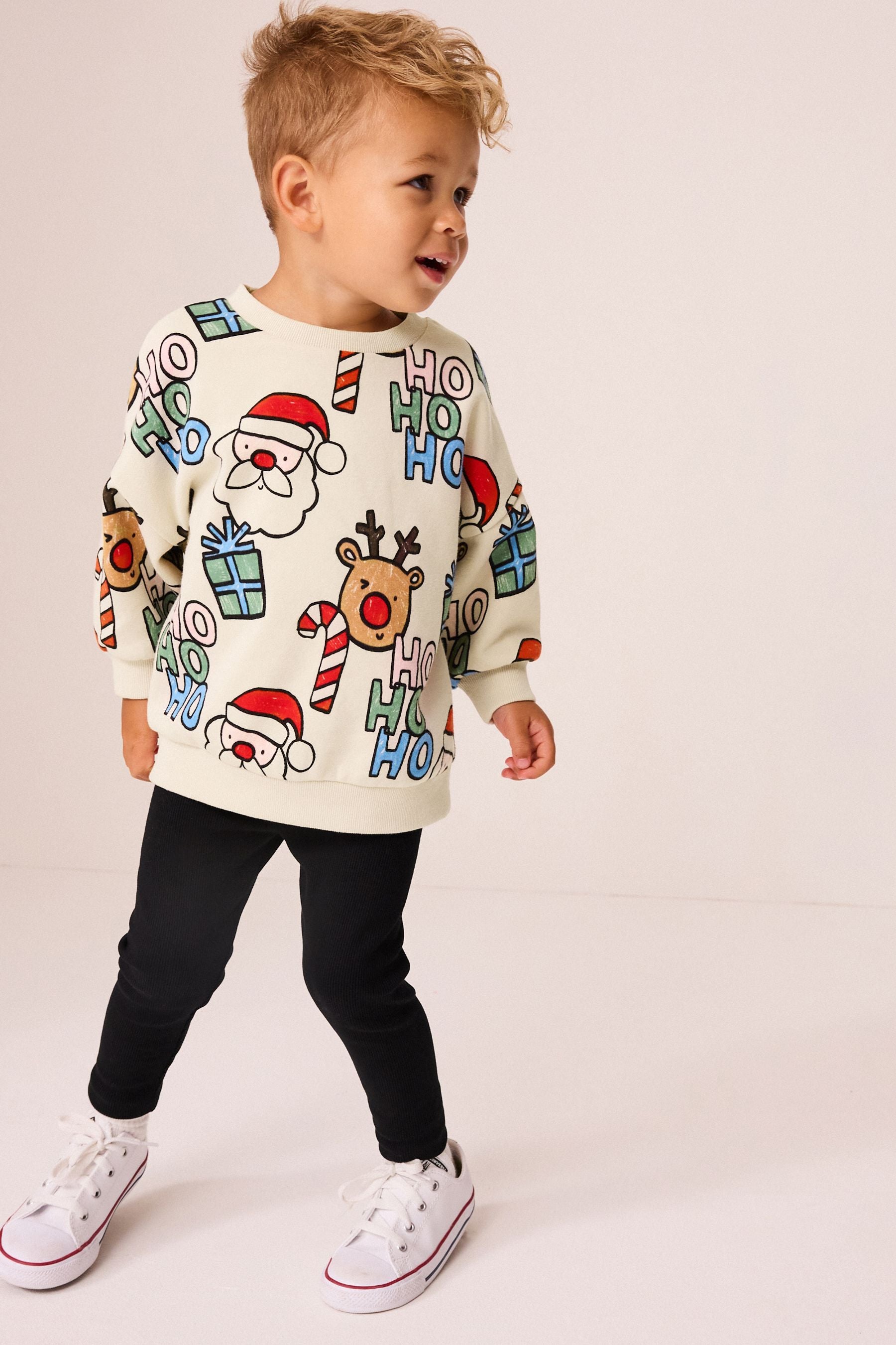 Ecru Cream All Over Print Christmas Sweatshirt And Leggings Set (3mths-7yrs)