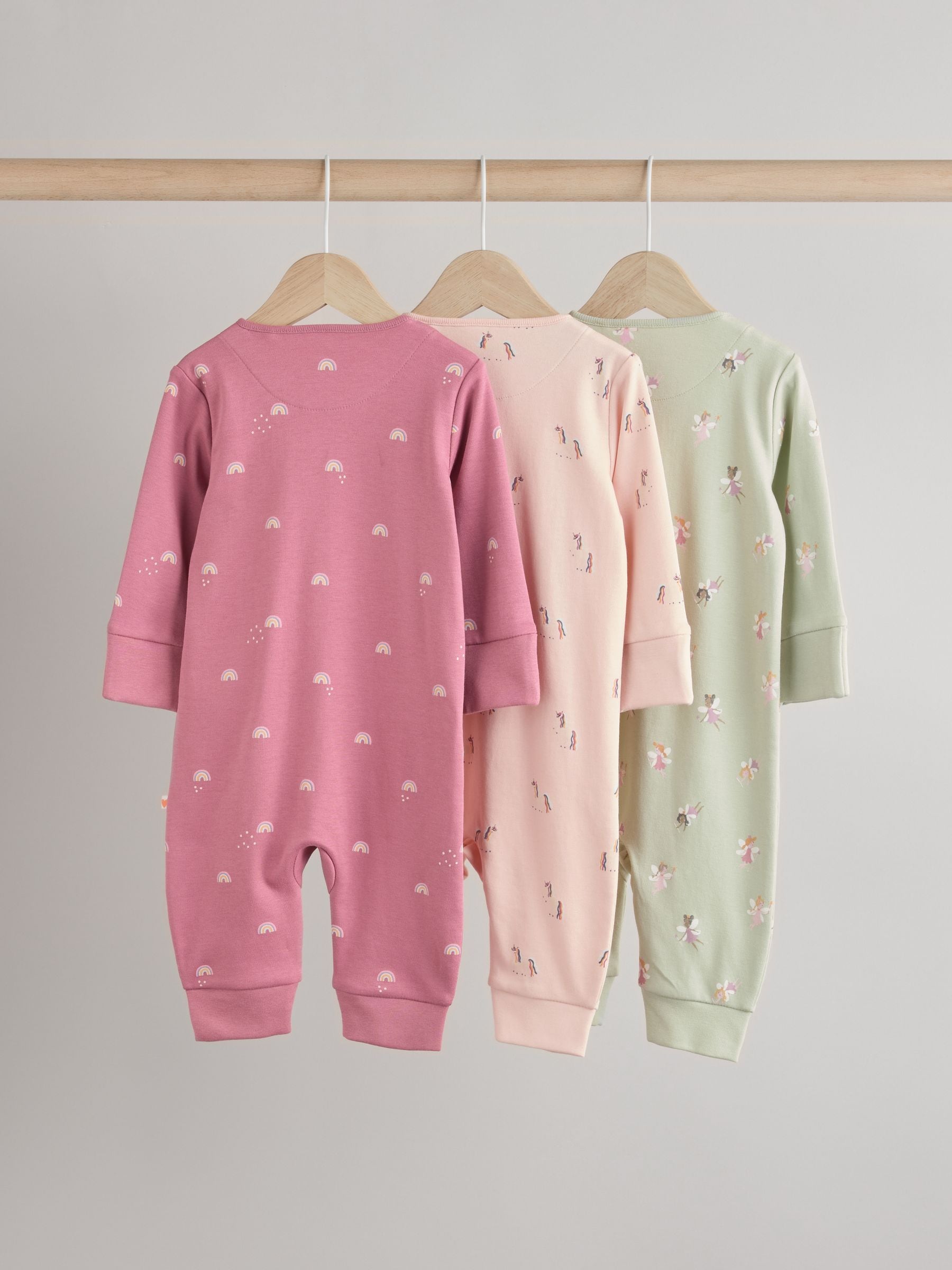 Pastel Character 3 Pack Baby Printed 100% Cotton Zip Sleepsuits (0mths-3yrs)