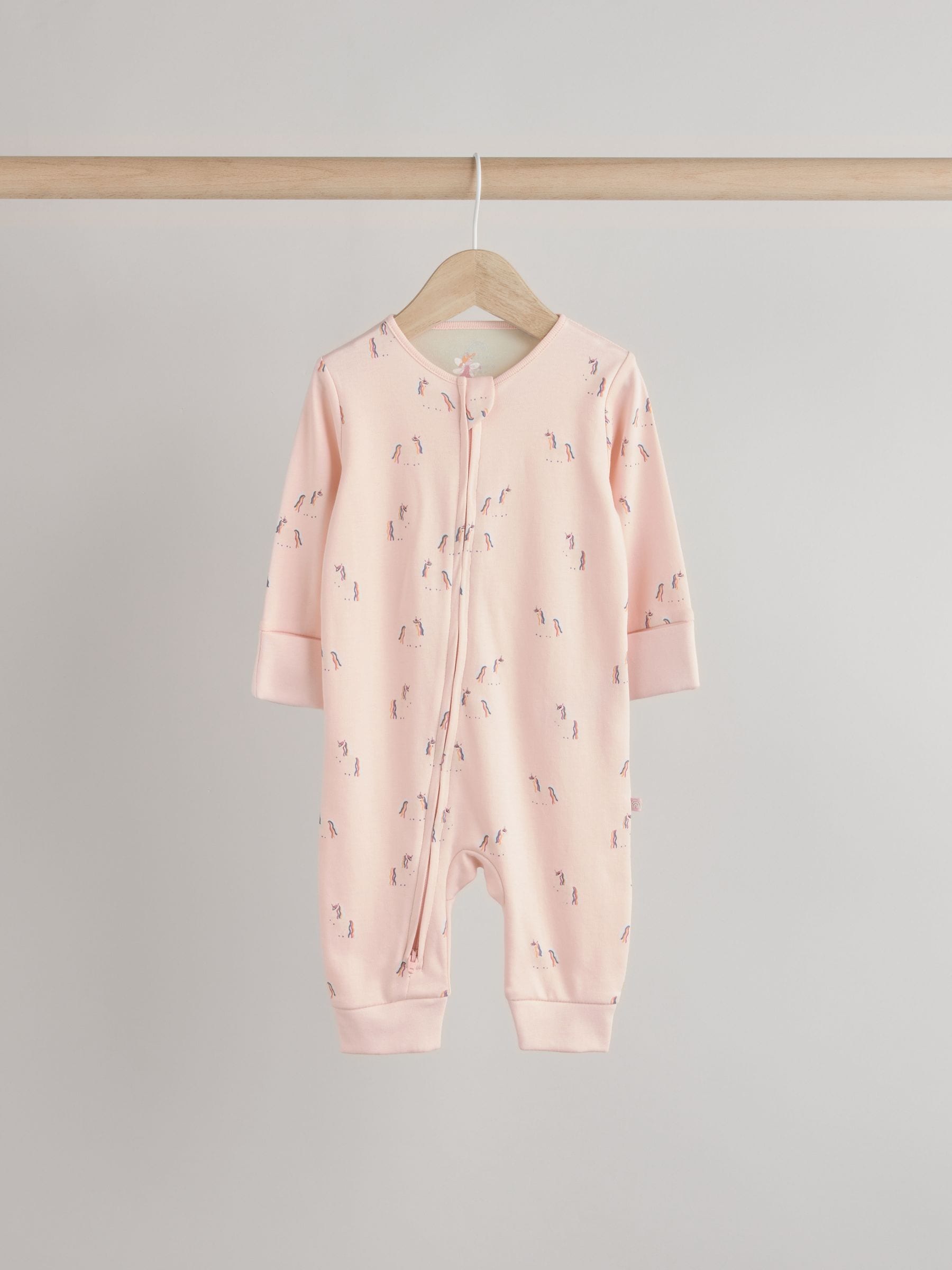 Pastel Character 3 Pack Baby Printed 100% Cotton Zip Sleepsuits (0mths-3yrs)