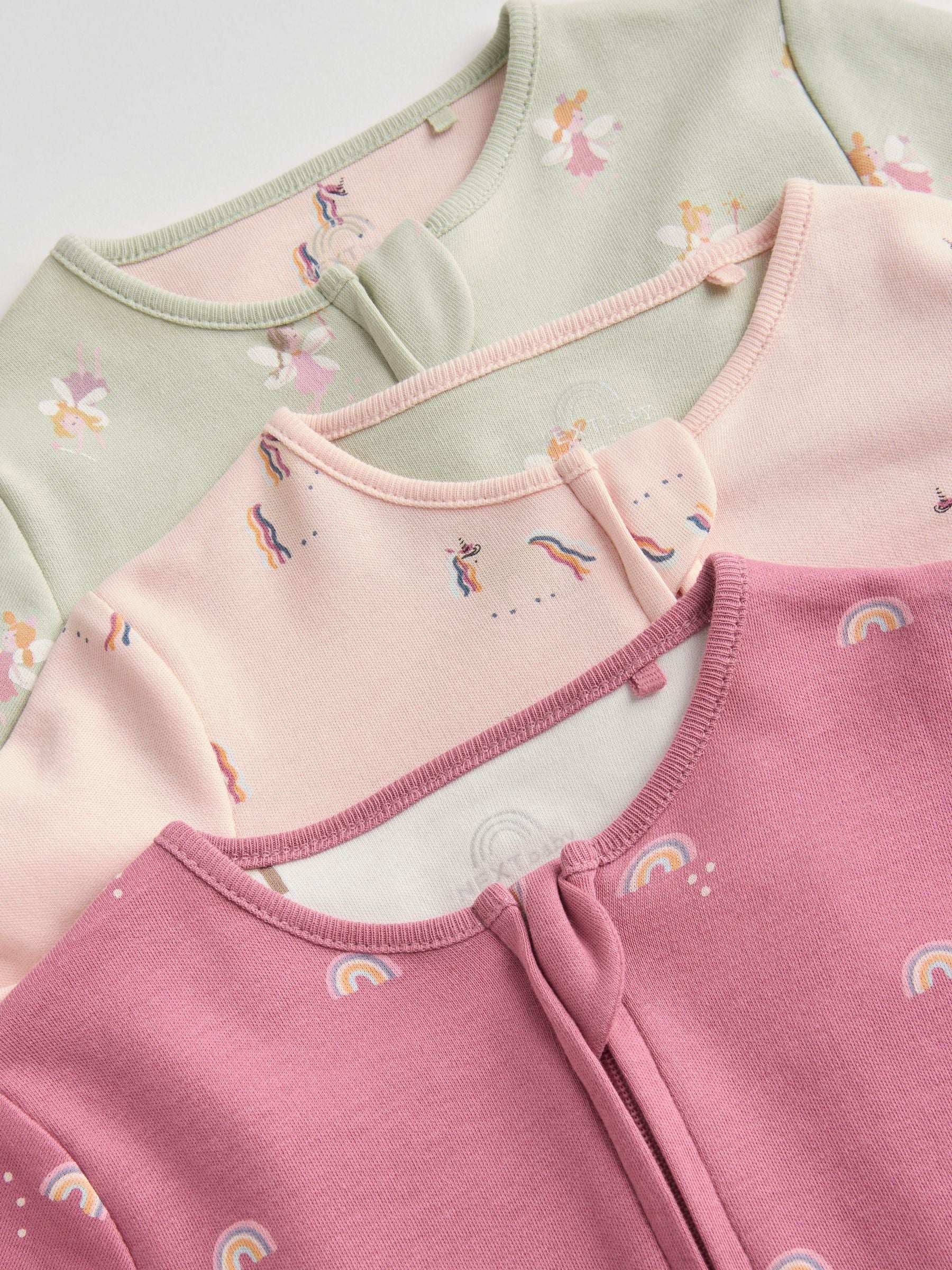 Pastel Character 3 Pack Baby Printed 100% Cotton Zip Sleepsuits (0mths-3yrs)