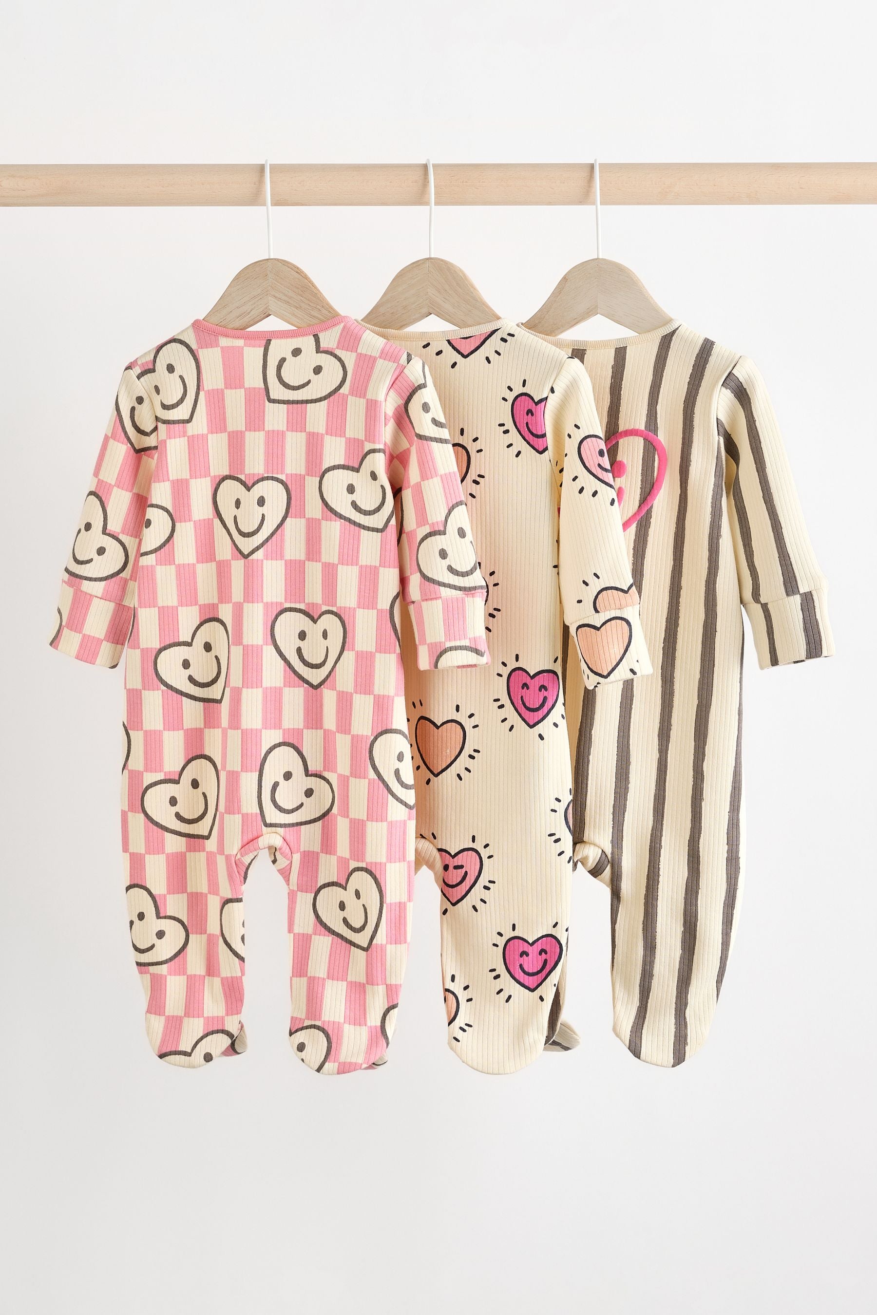 Pink Happy Heart Baby 2 Way Zip Sleepsuits 3 Pack (0mths-2yrs)