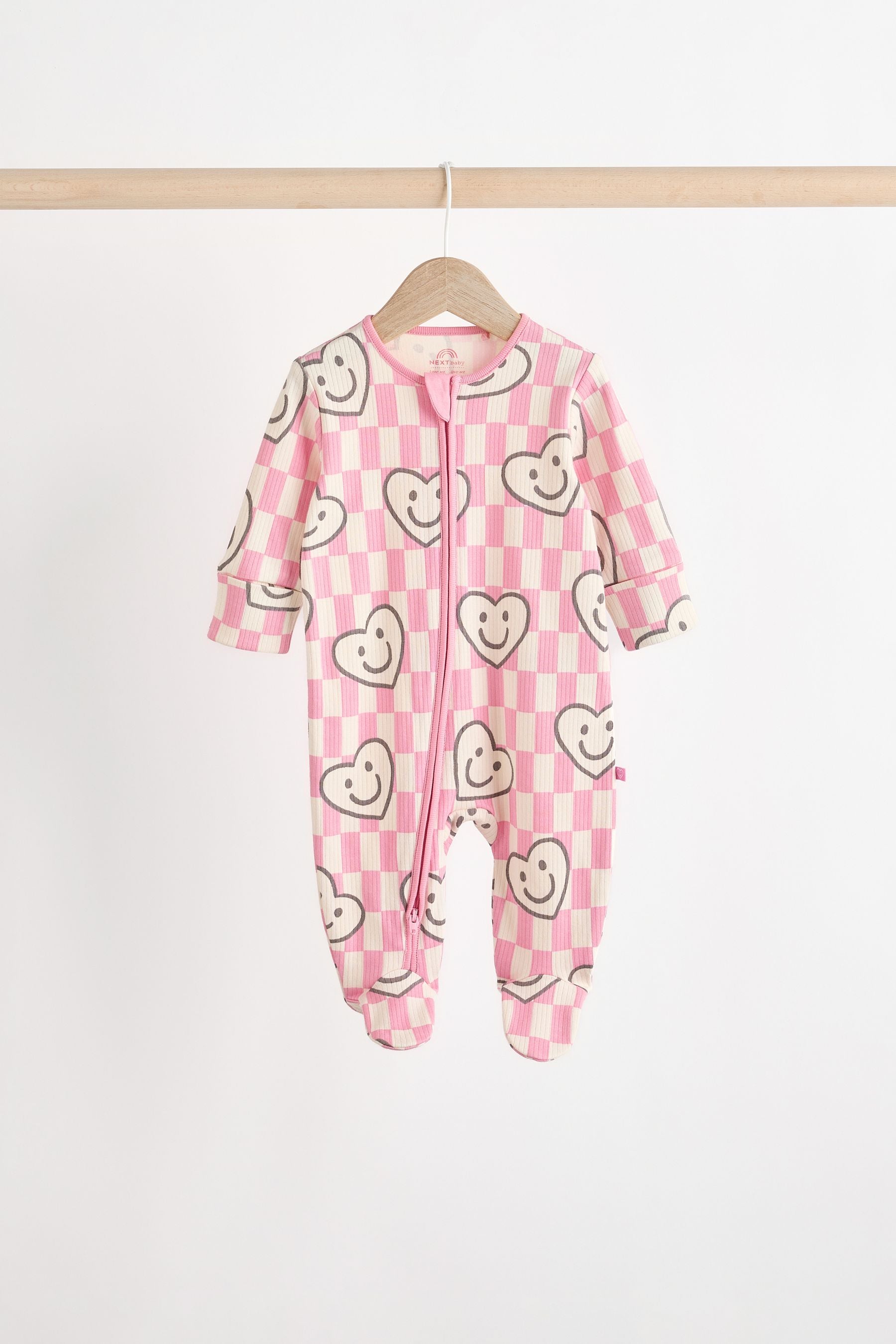 Pink Happy Heart Baby 2 Way Zip Sleepsuits 3 Pack (0mths-2yrs)