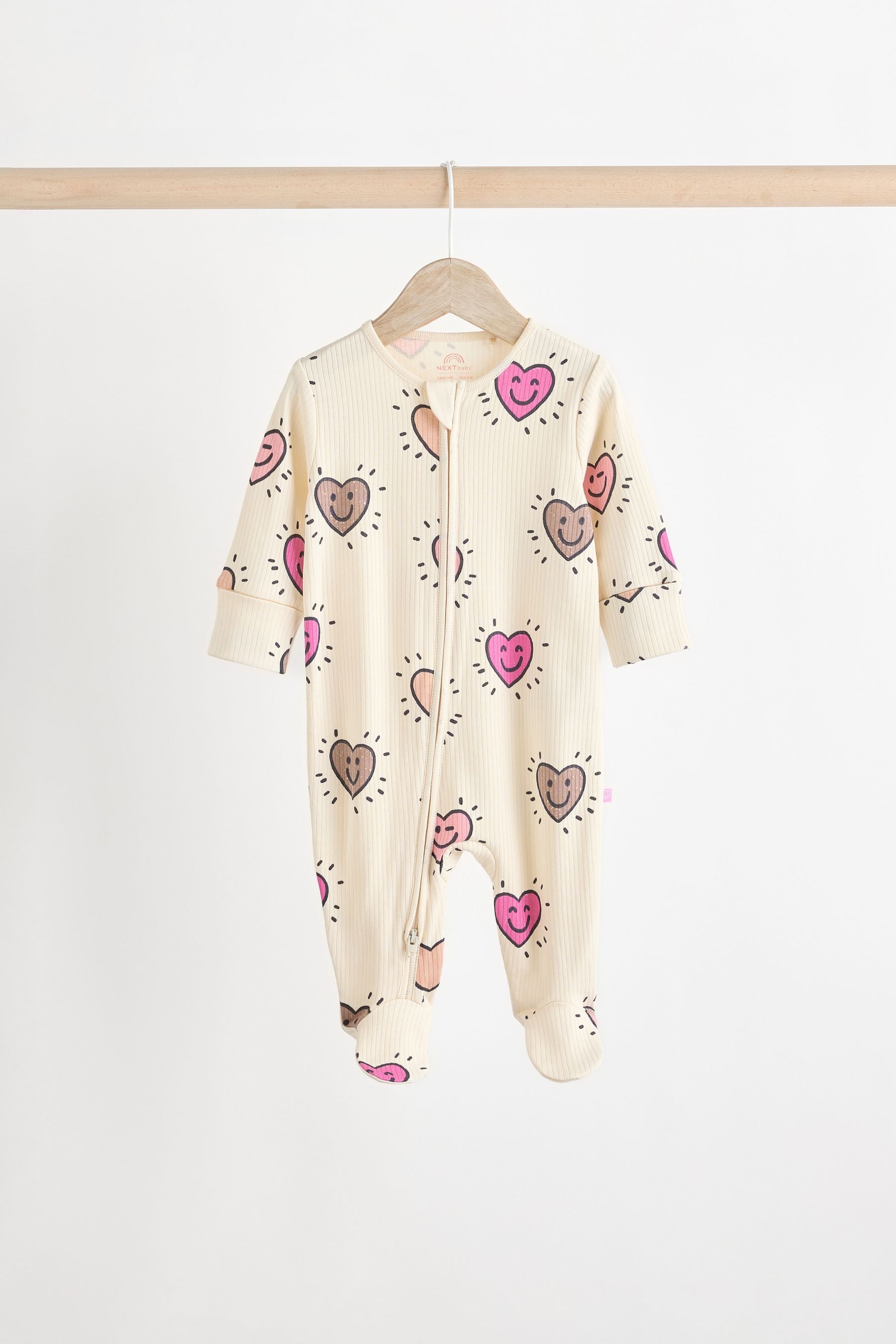 Pink Happy Heart Baby 2 Way Zip Sleepsuits 3 Pack (0mths-2yrs)