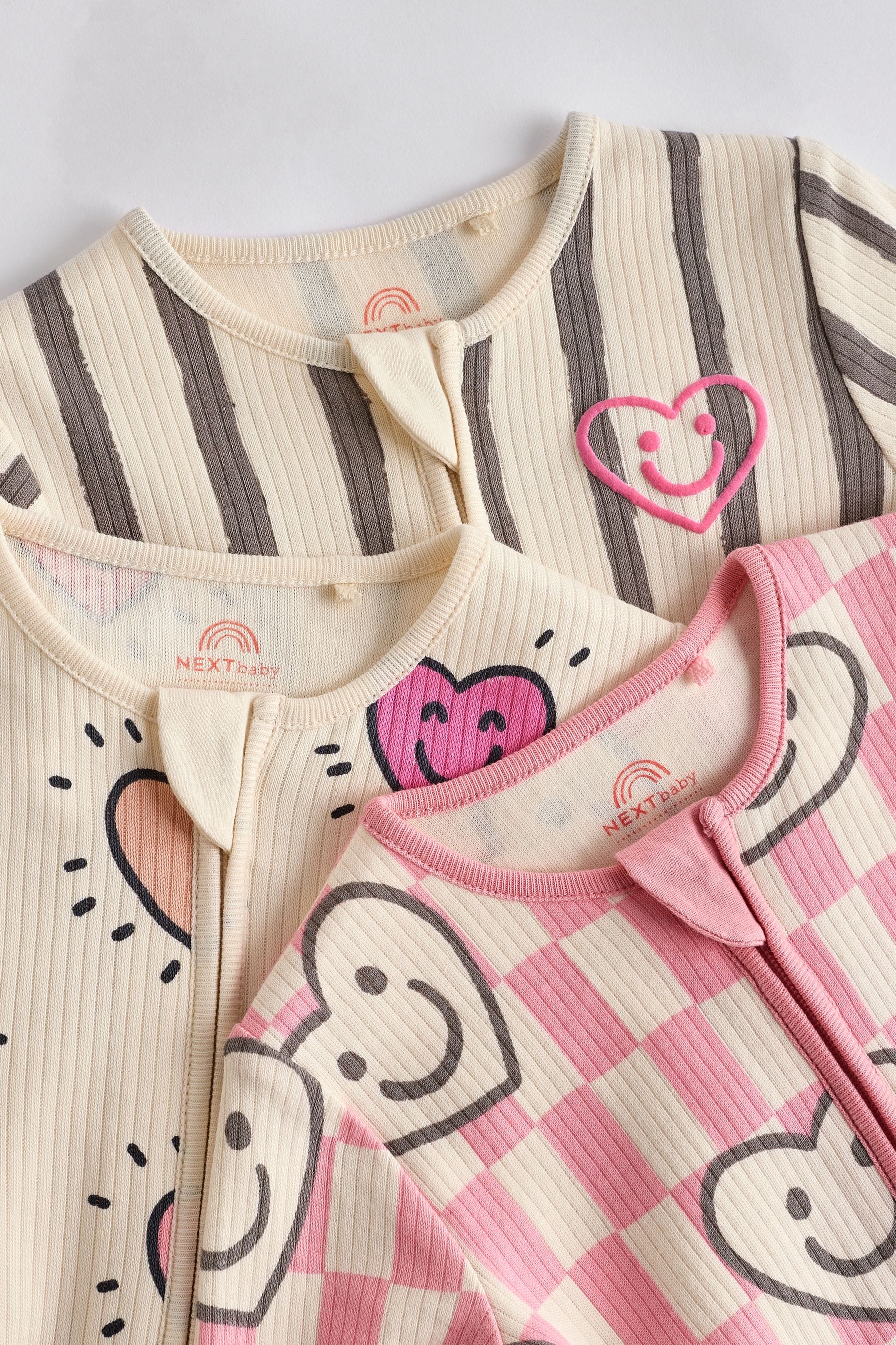 Pink Happy Heart Baby 2 Way Zip Sleepsuits 3 Pack (0mths-2yrs)