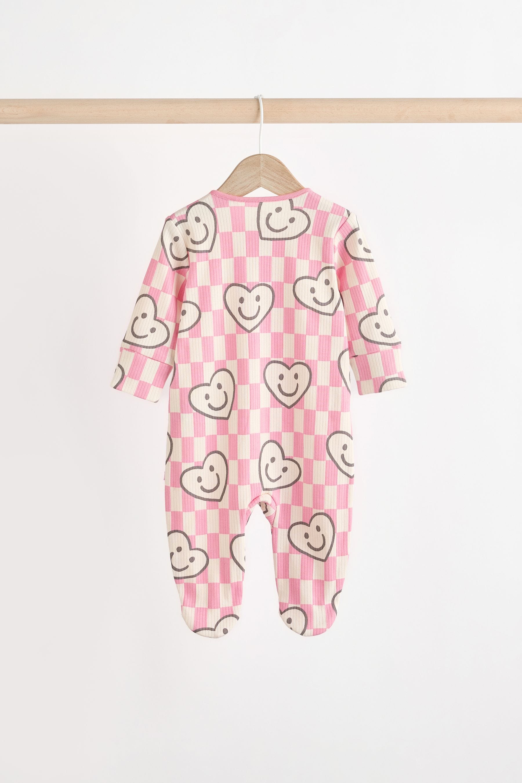 Pink Happy Heart Baby 2 Way Zip Sleepsuits 3 Pack (0mths-2yrs)