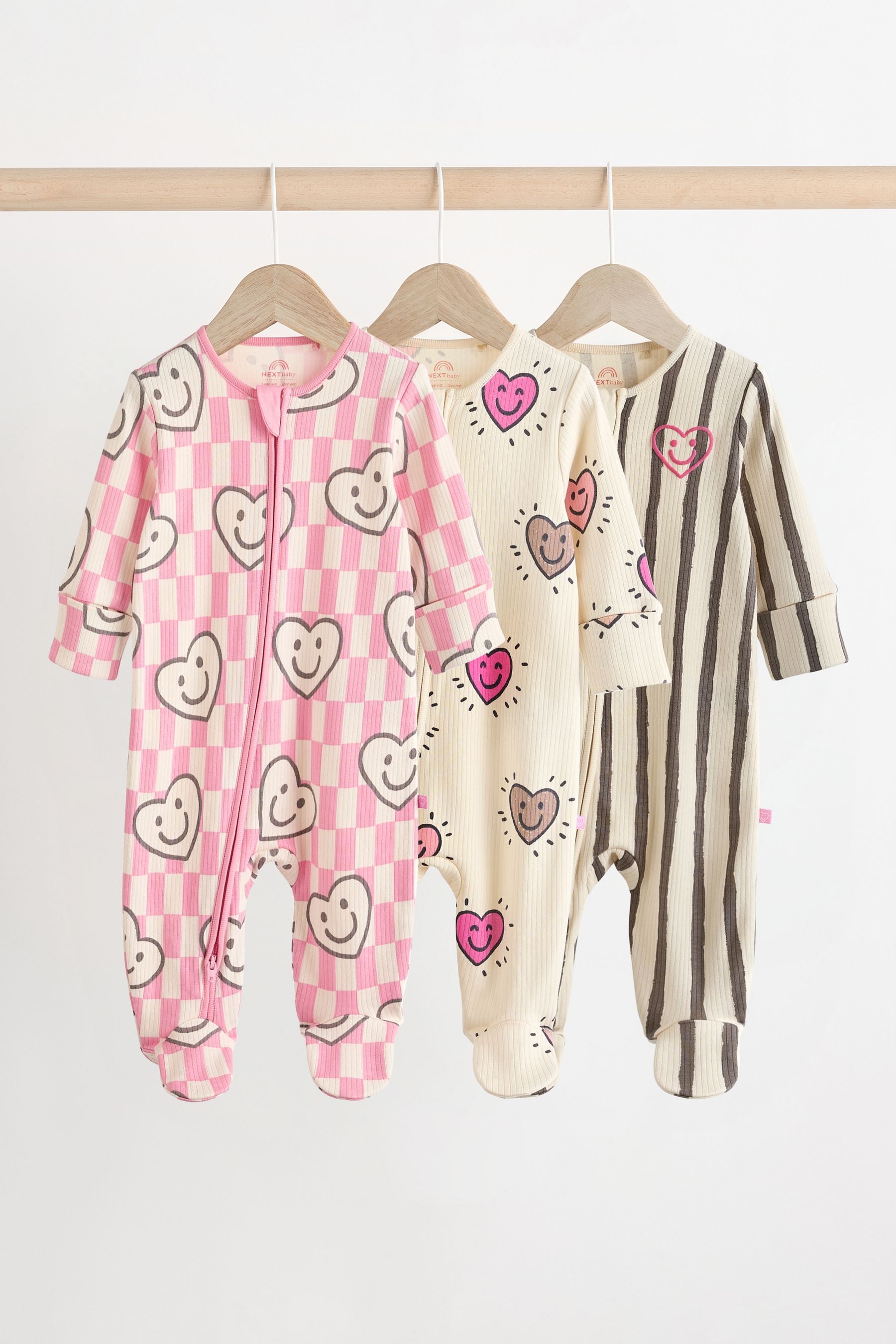 Pink Happy Heart Baby 2 Way Zip Sleepsuits 3 Pack (0mths-2yrs)