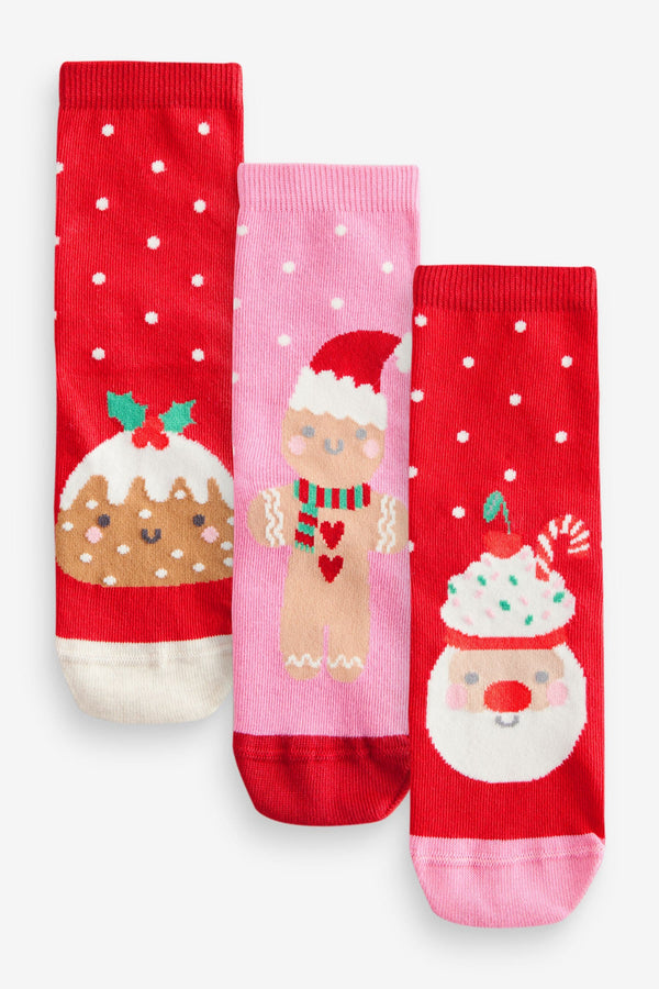 Pink/Red Cotton Rich Christmas Character Ankle Socks 3 Pack