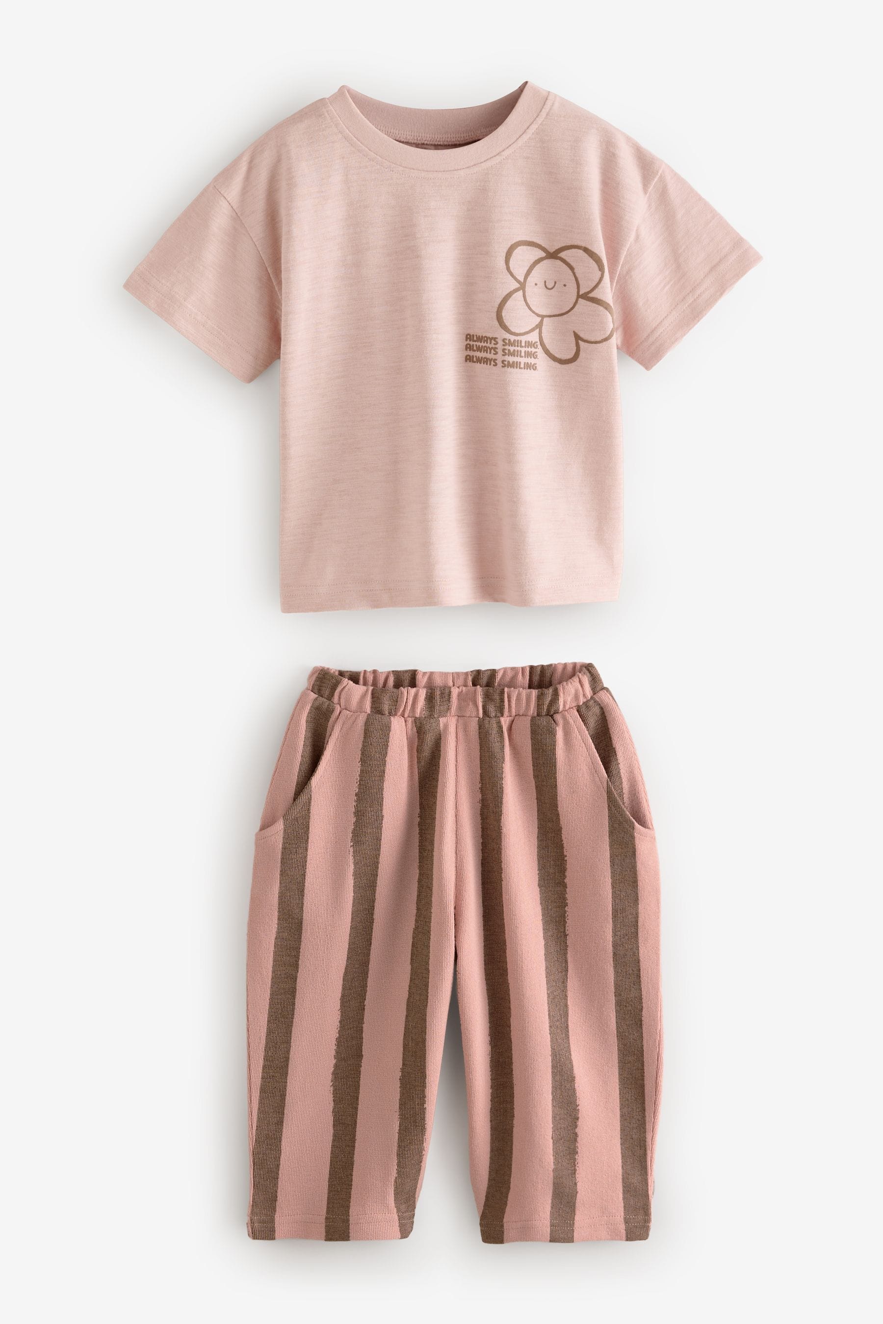 Light Pink Flower Short Sleeve T-Shirt And Wide Leg Trousers (3mths-7yrs)