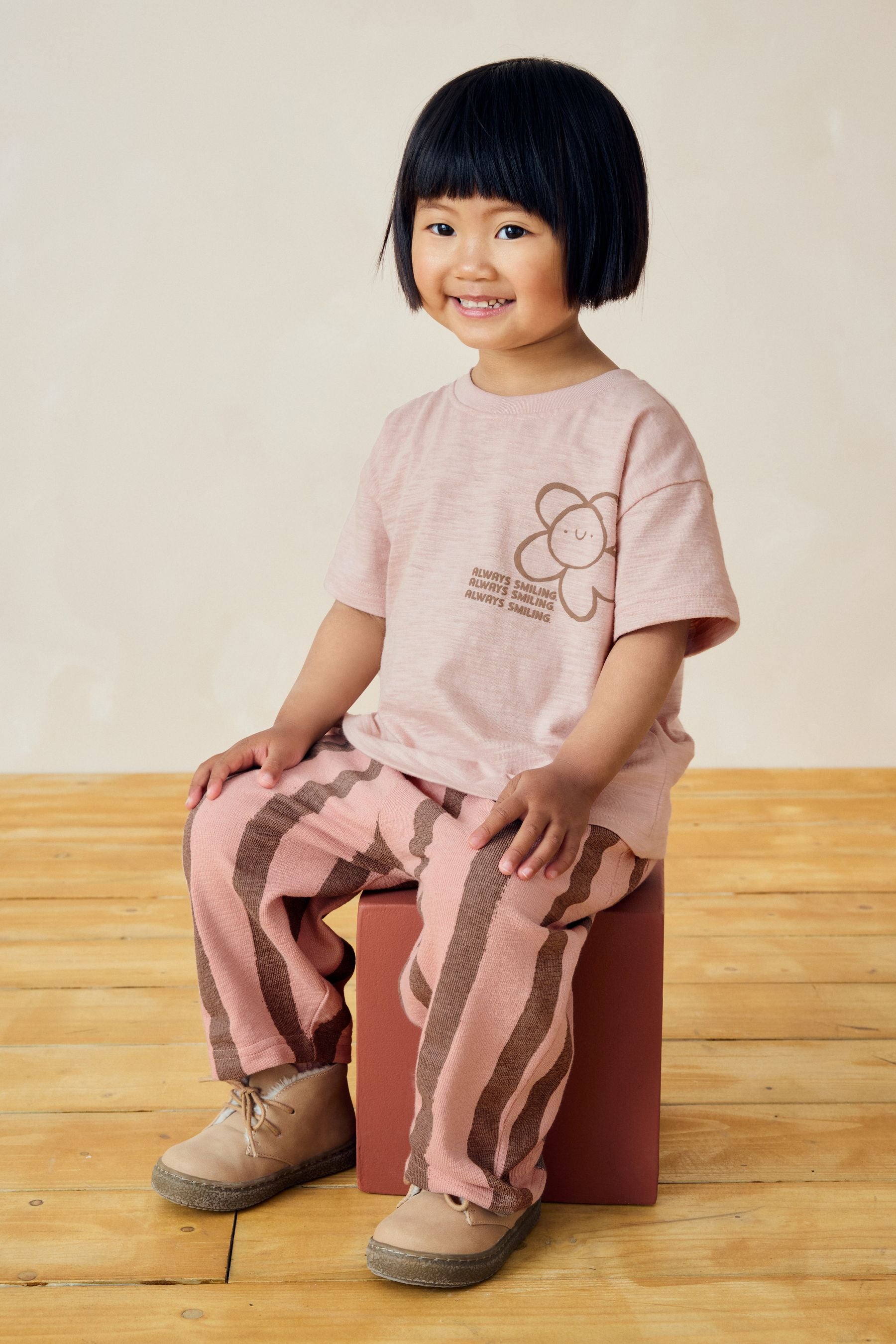 Light Pink Flower Short Sleeve 100% Cotton T-Shirt And Wide Leg Trousers (3mths-7yrs)