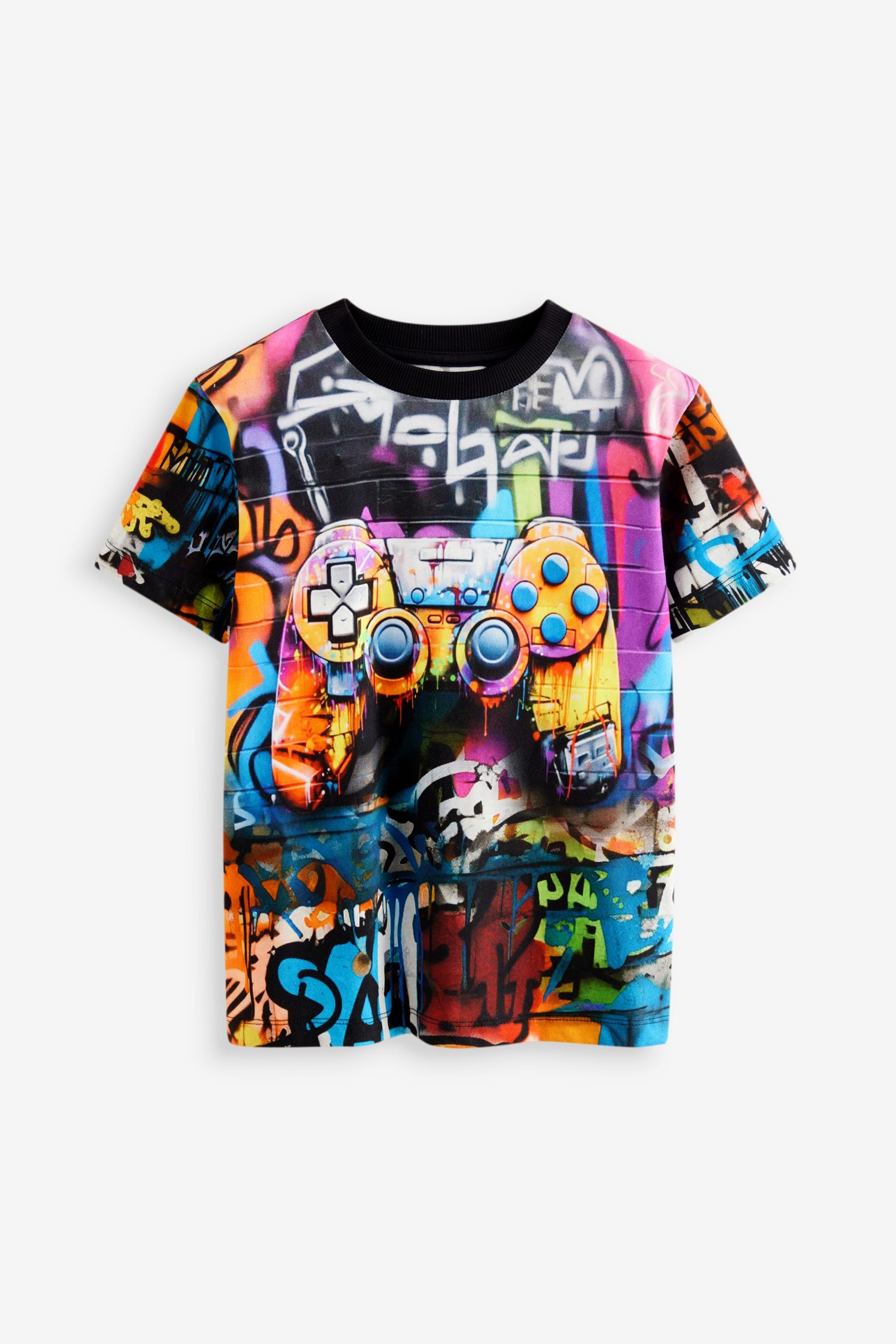 Black Graffiti Controller All-Over Print Short Sleeve 100% Cotton T-Shirt (3-16yrs)