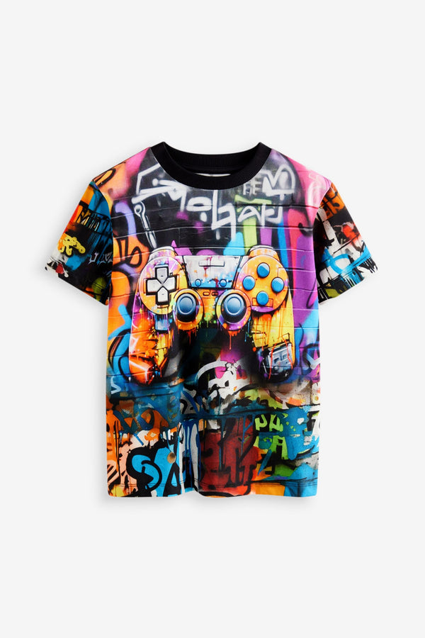 Black Graffiti Controller 100% Cotton Short Sleeve Graphic T-Shirt (3-16yrs)