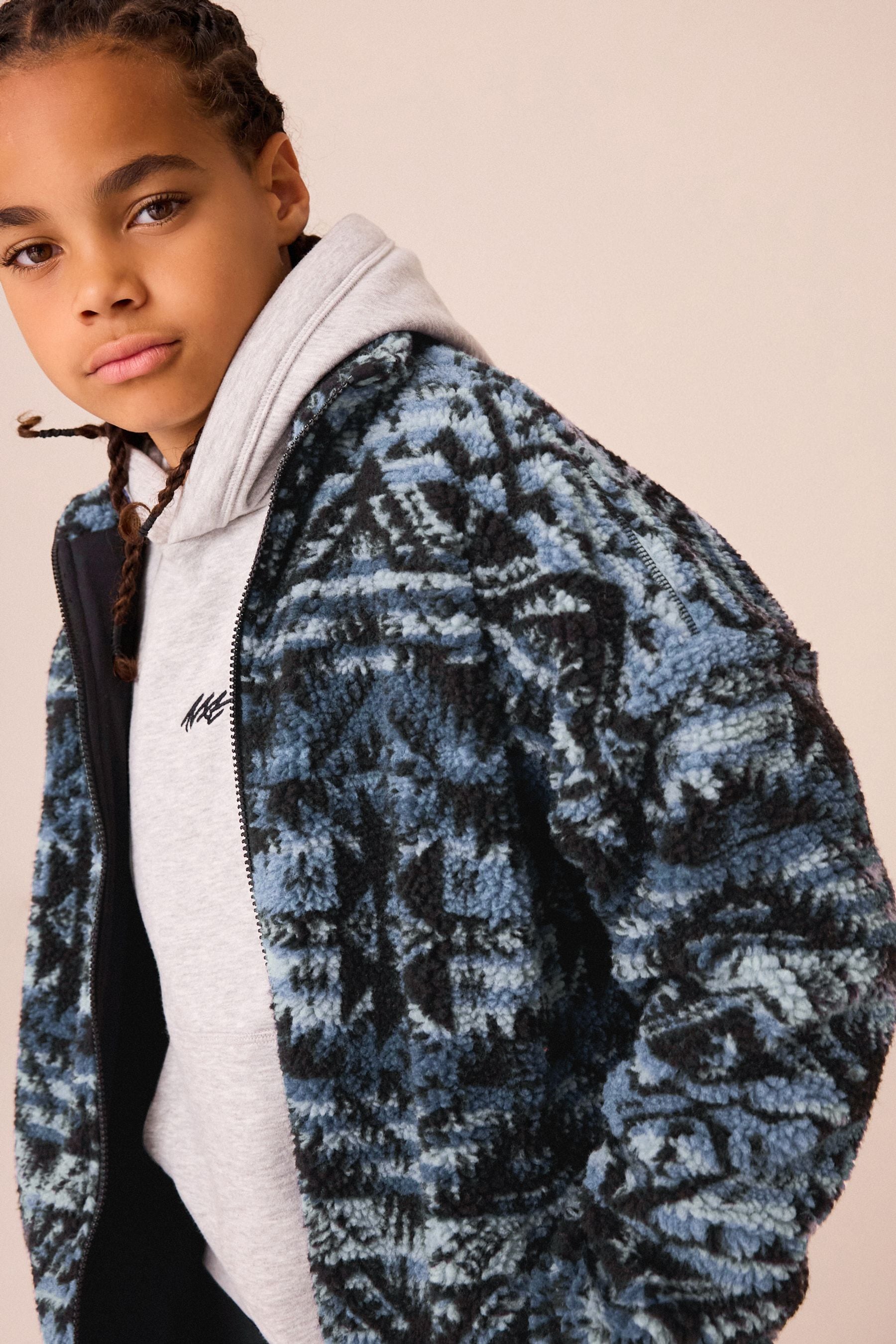 Mid Blue Printed Zip Through Borg Fleece (3-16yrs)