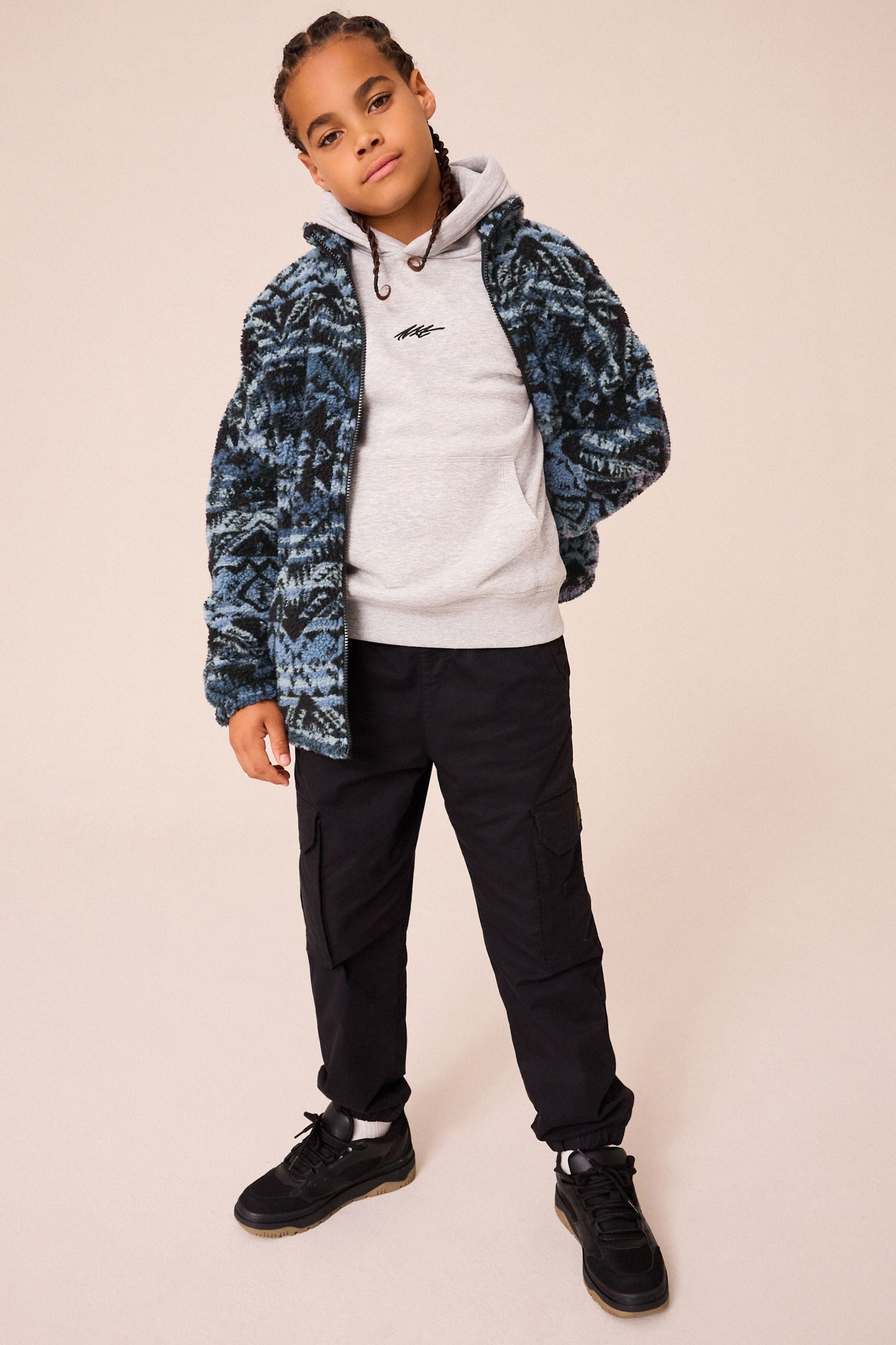 Mid Blue Printed Zip Through Borg Fleece (3-16yrs)