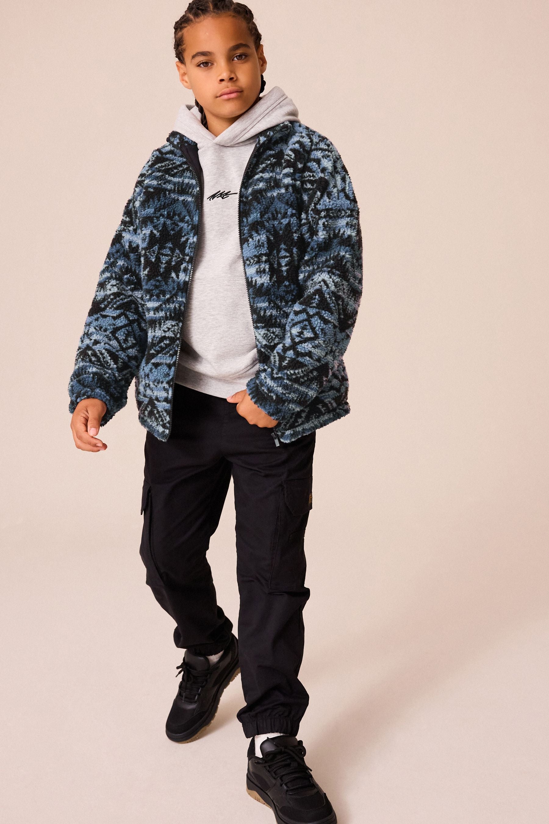 Mid Blue Printed Zip Through Borg Fleece (3-16yrs)