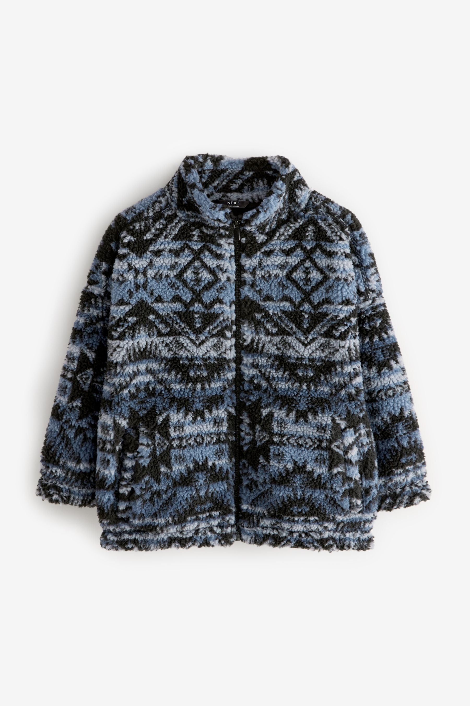 Mid Blue Printed Zip Through Borg Fleece (3-16yrs)