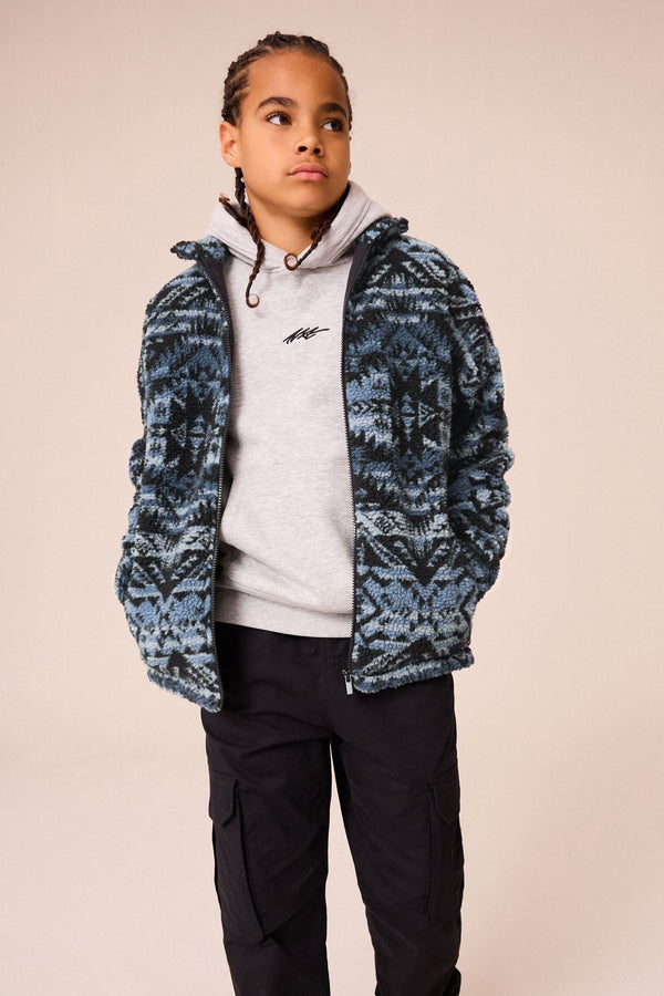 Mid Blue Printed Zip Through Borg Fleece (3-16yrs)