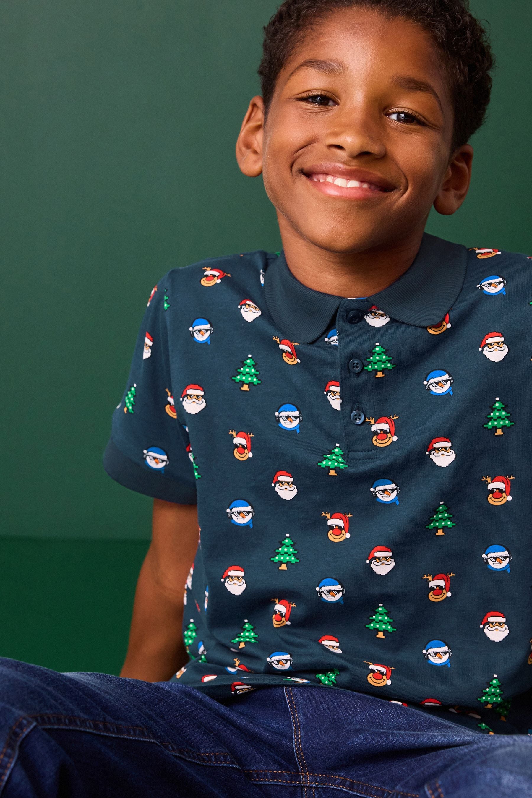 Navy Blue Christmas Short Sleeve 100% Cotton Polo Shirt (3-16yrs)