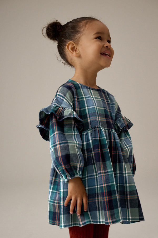 Green/Blue 100% Cotton Check Frill Dress (3mths-8yrs)