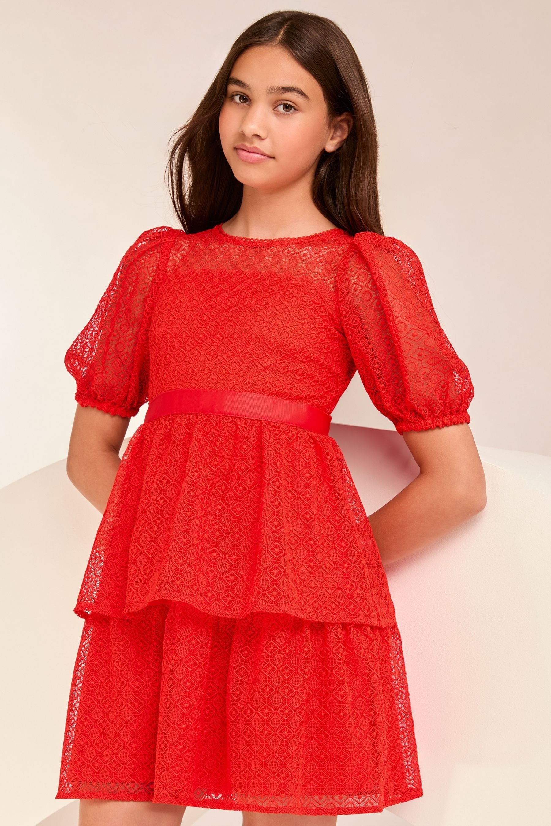 Lipsy Red Lace Puff Sleeve Occasion Dress (5-16yrs)