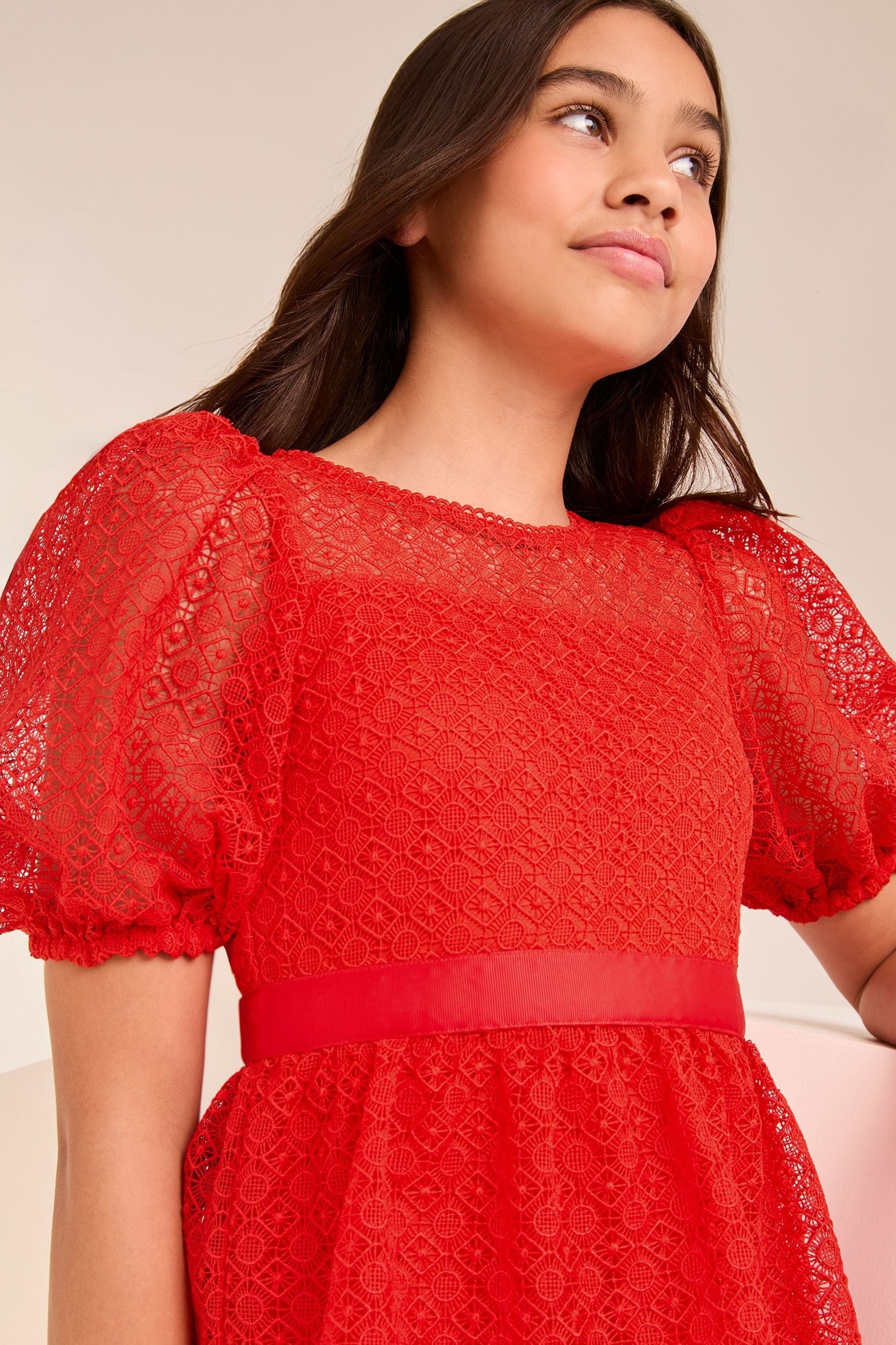 Lipsy Red Lace Puff Sleeve Occasion Dress (5-16yrs)