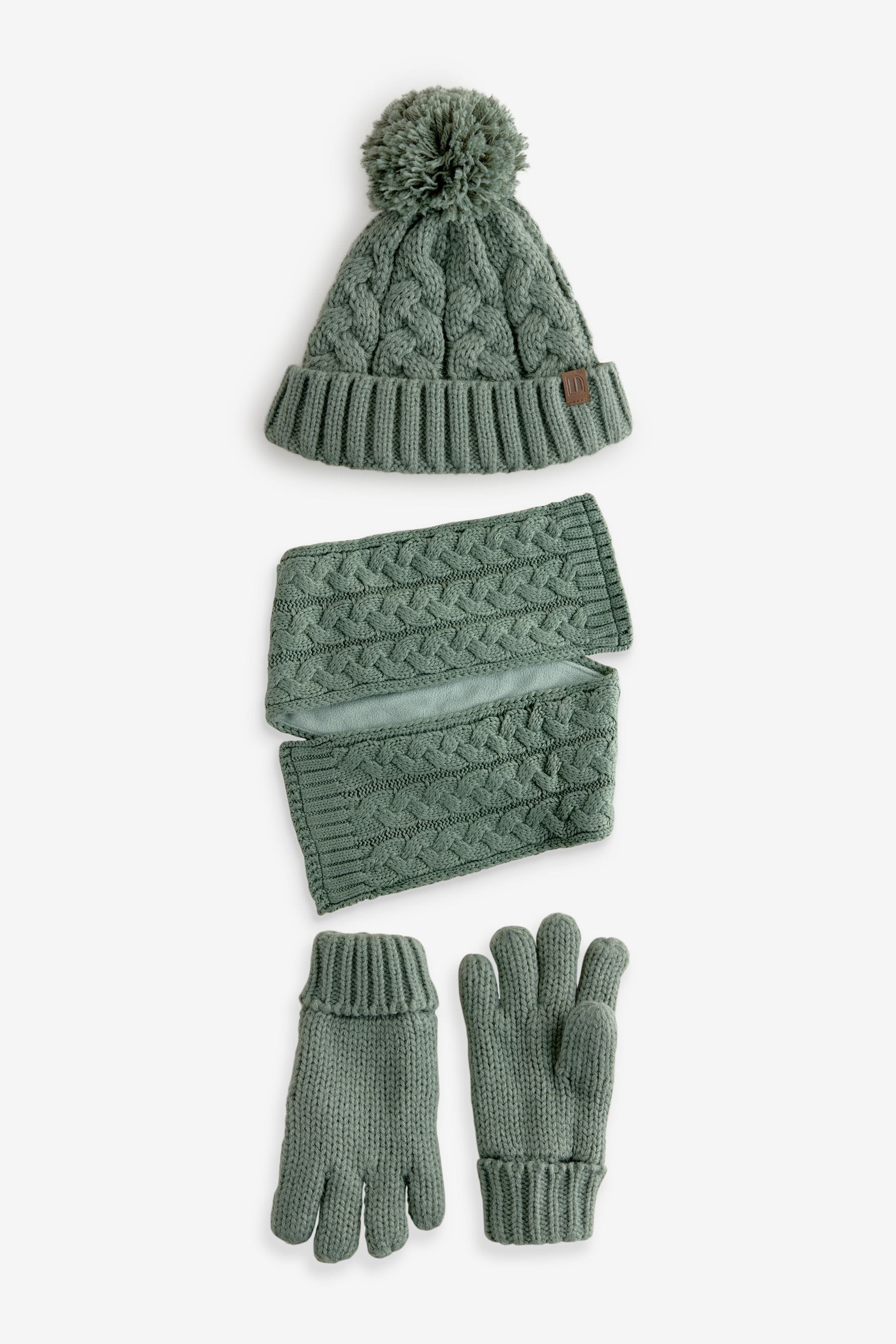 Sage Green Cable Knit Hat, Glove & Scarf Set (3-16yrs)