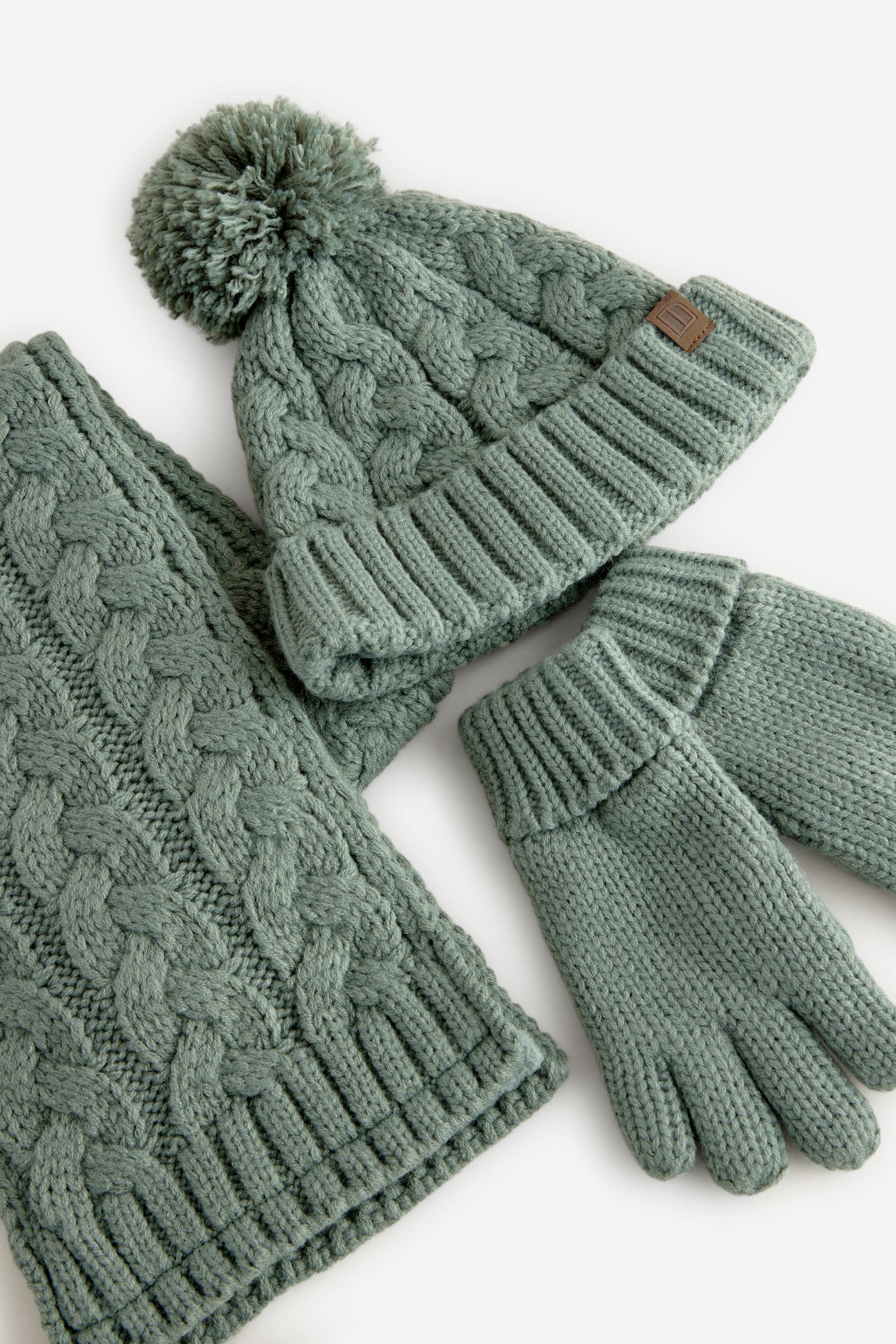 Sage Green Cable Knit Hat, Glove & Scarf Set (3-16yrs)