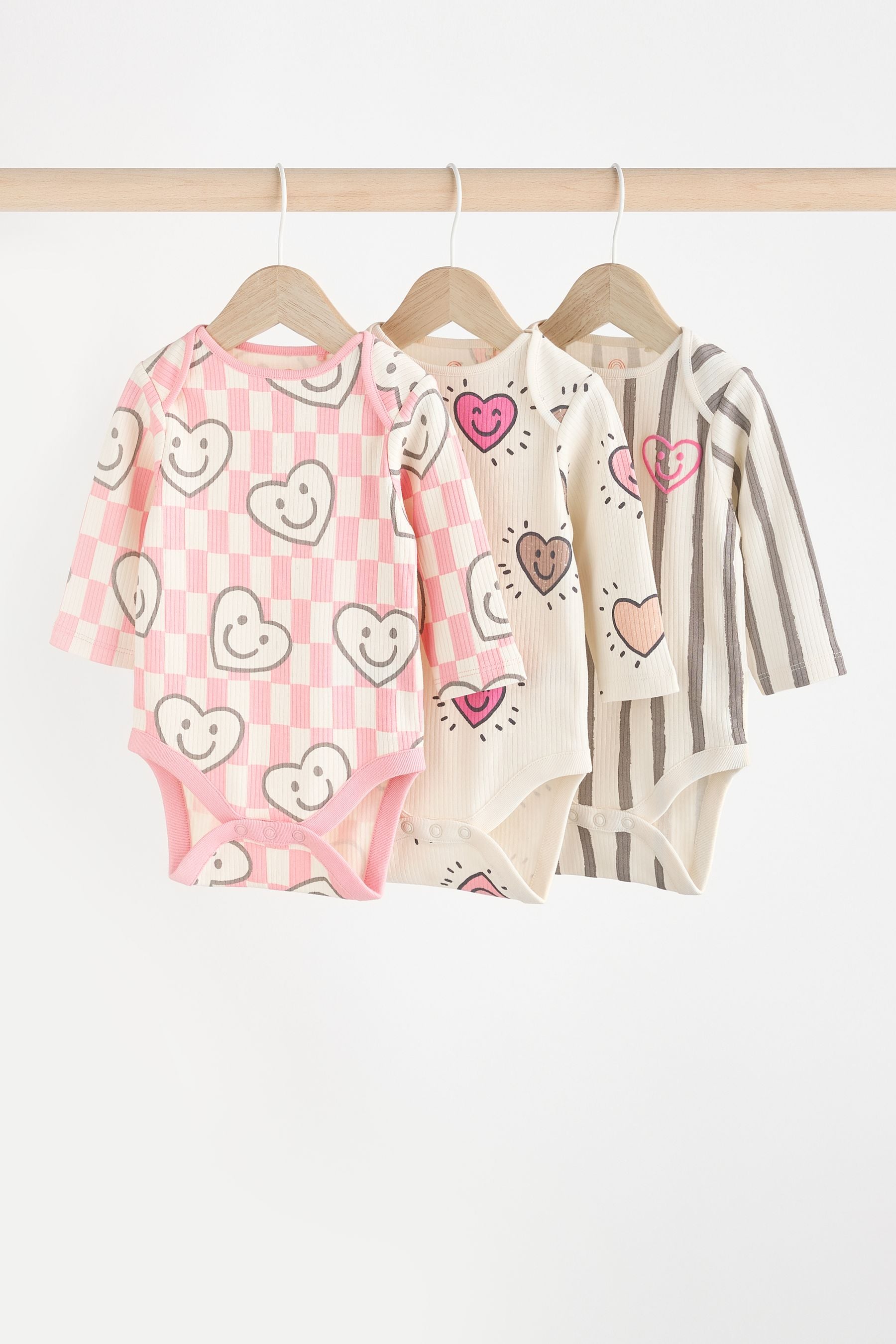 Pink Happy Heart Baby Bodysuits 3 Pack